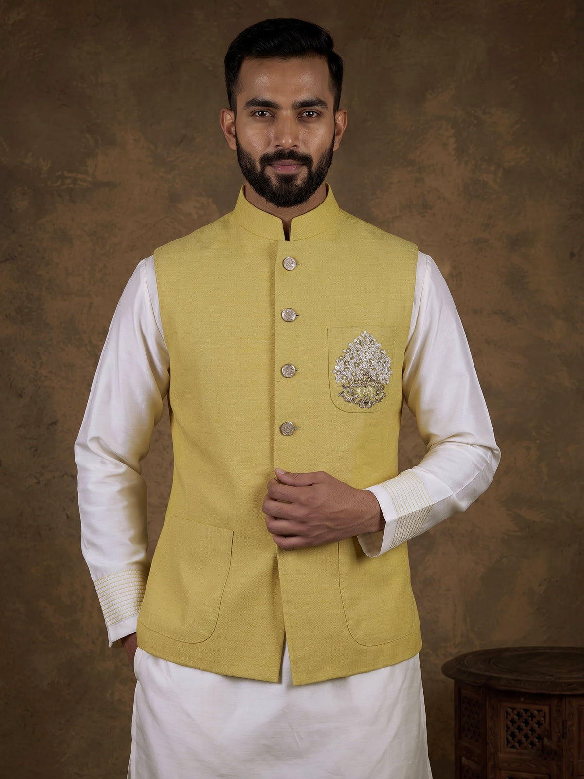 Yellow matka silk mens waistcoat set with zardosi chest pocket