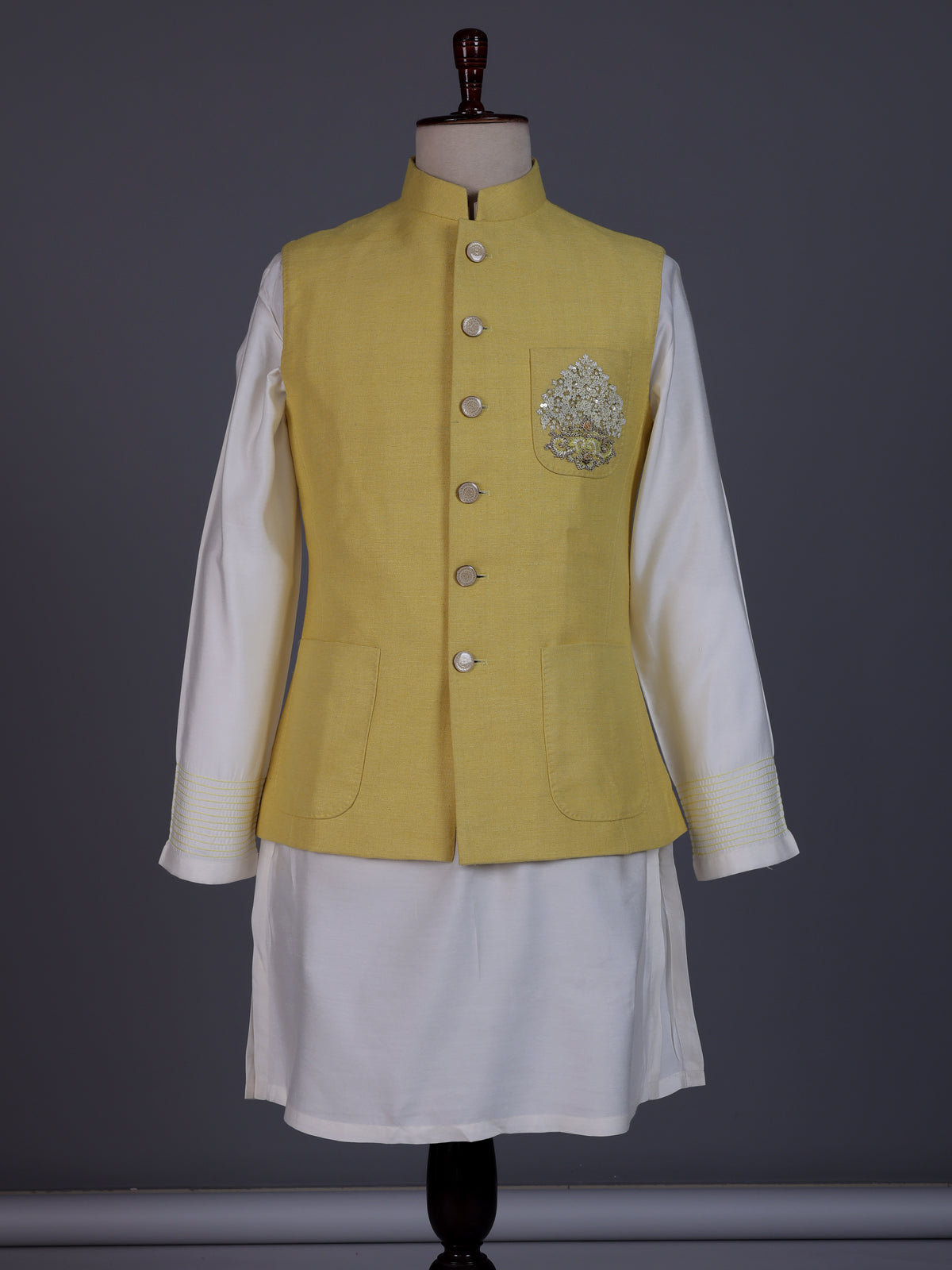 Yellow matka silk mens waistcoat set with zardosi chest pocket