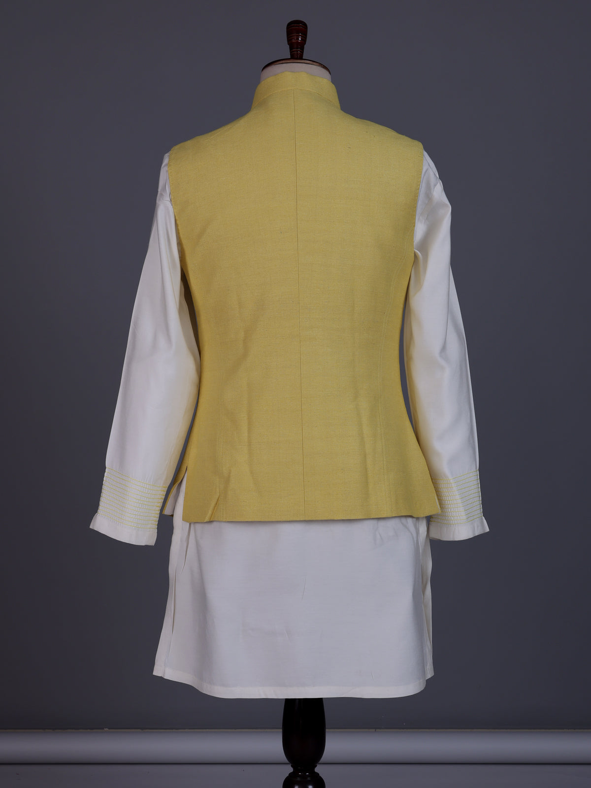 Yellow matka silk mens waistcoat set with zardosi chest pocket
