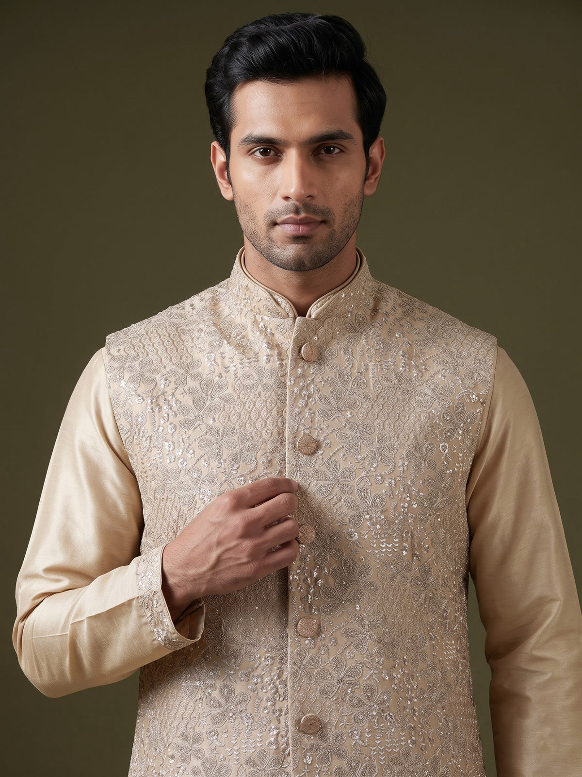 Pastel beige silk mens waistcoat set with floral sequin embroidery