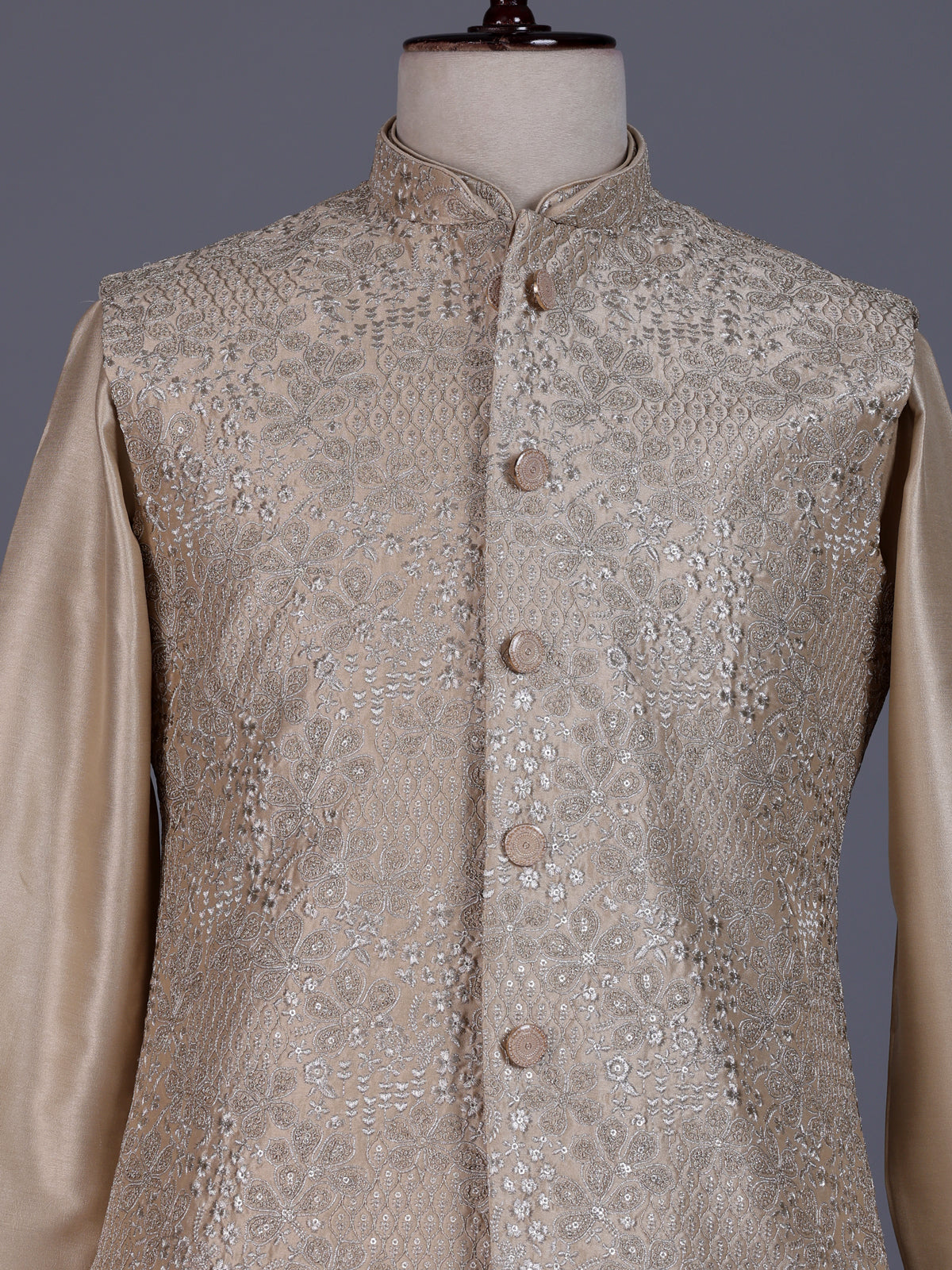 Pastel beige silk mens waistcoat set with floral sequin embroidery