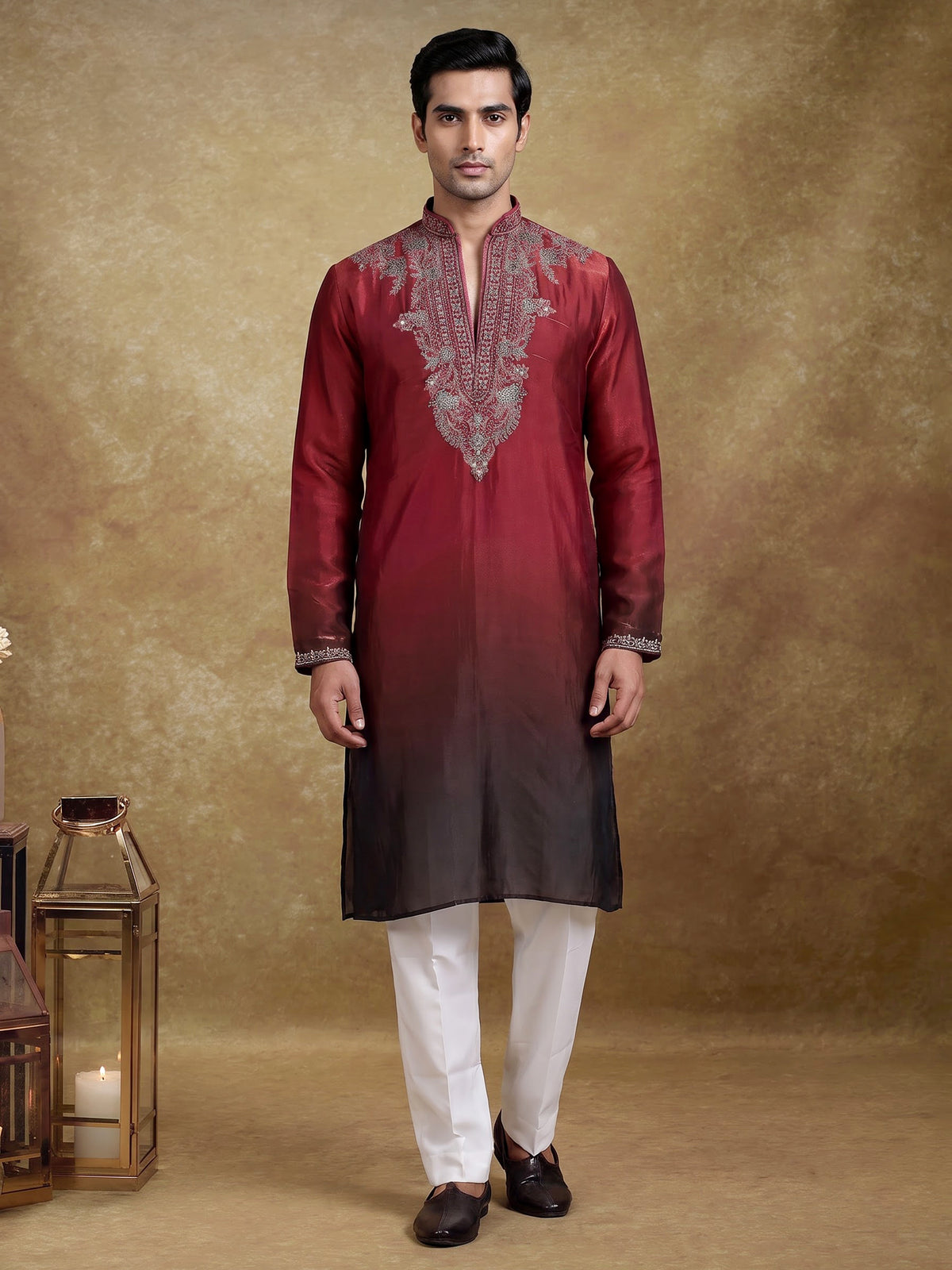 Maroon tissue silk mens kurta suit with embellished shaded yoke