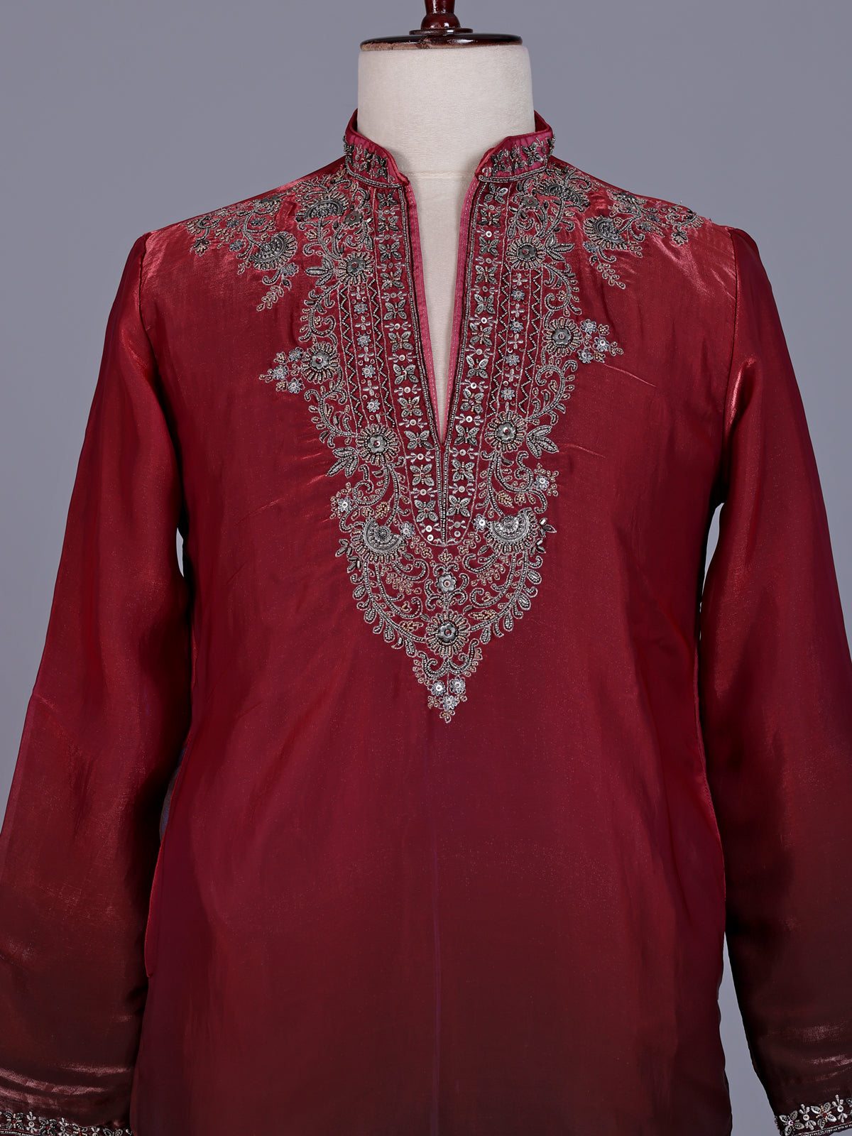 Maroon tissue silk mens kurta suit with embellished shaded yoke