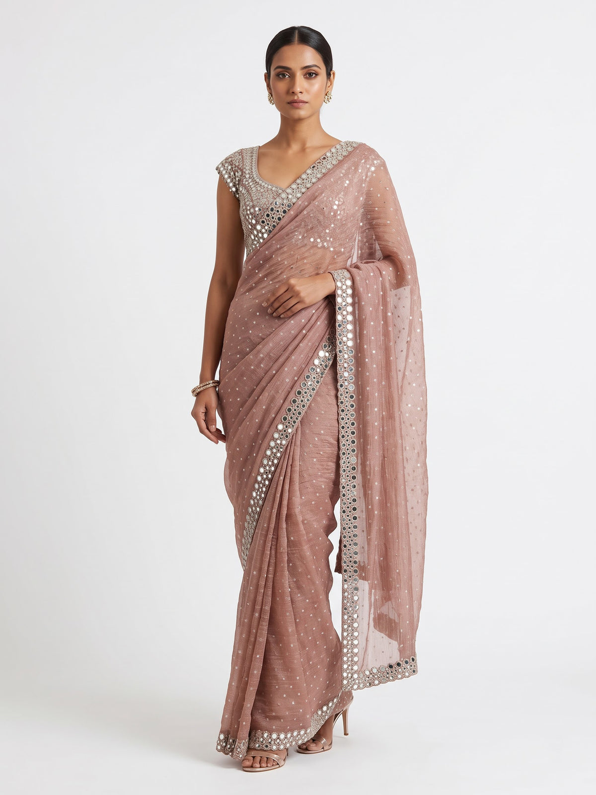 Peach tissue chiffon silk ready to wear saree with zari embellishments