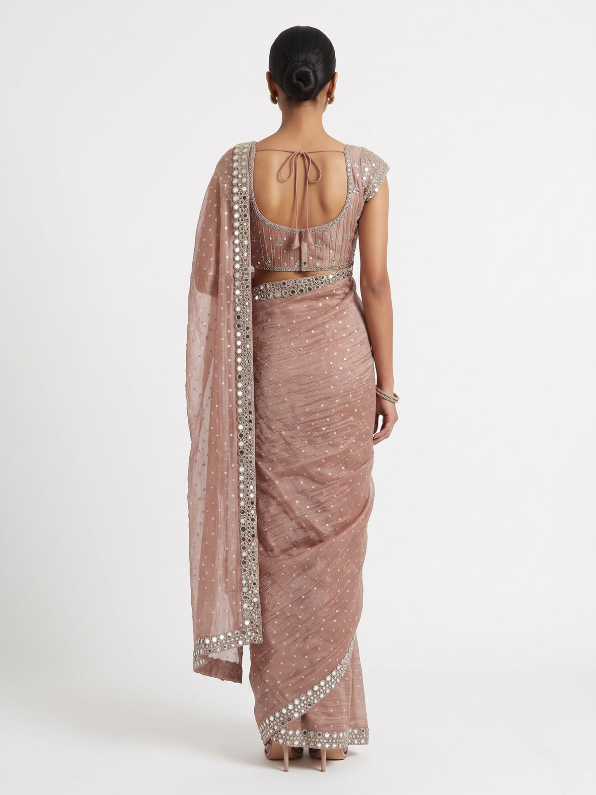 Peach tissue chiffon silk ready to wear saree with zari embellishments