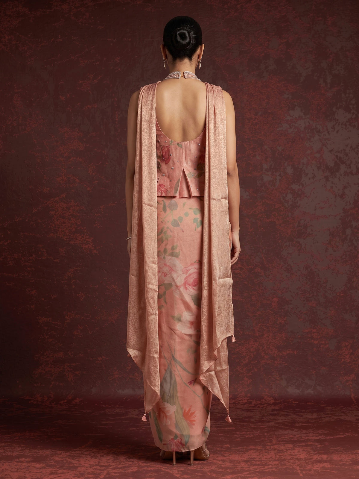 Peach tissue silk indowestern suit with floral embellishments