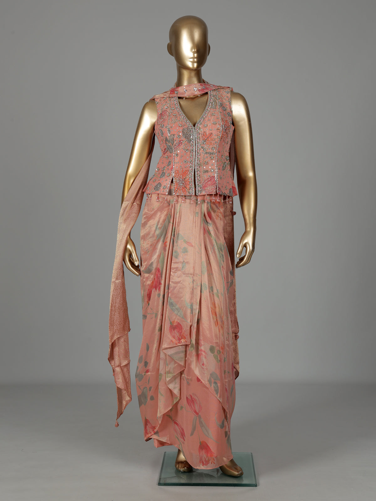 Peach tissue silk indowestern suit with floral embellishments