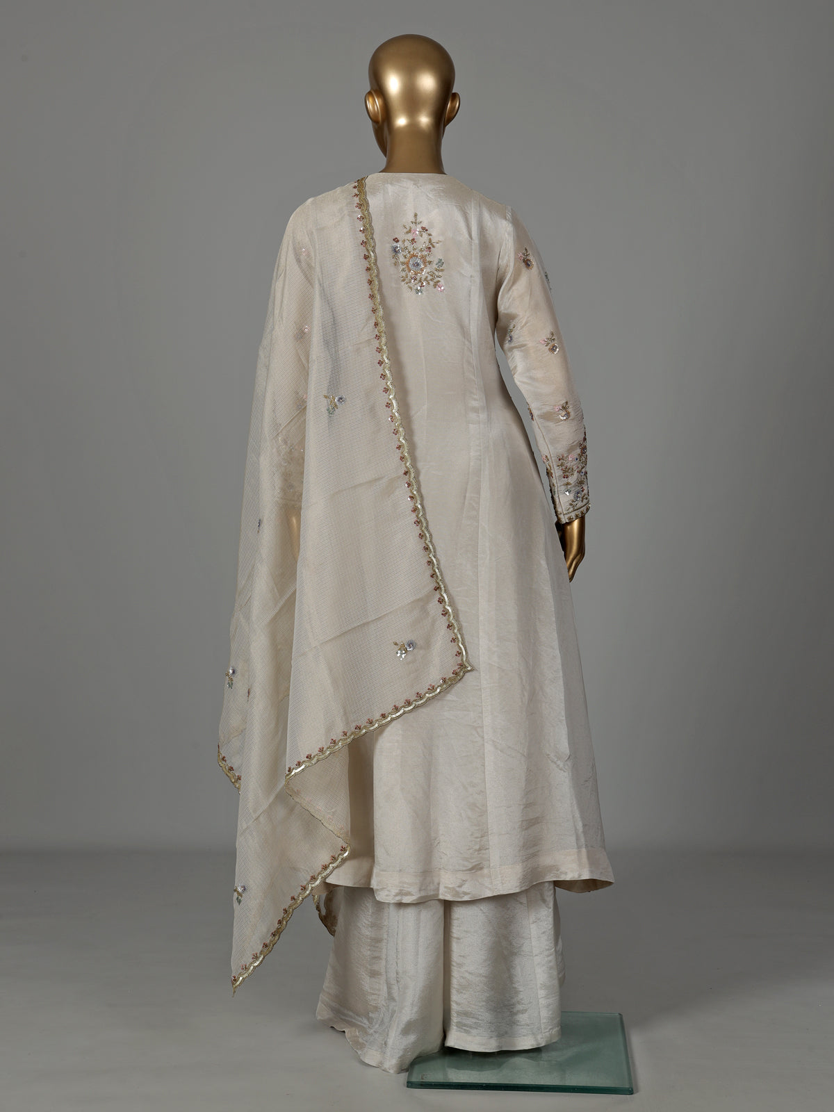 Off white tissue silk anarkali suit with pearl embellishments