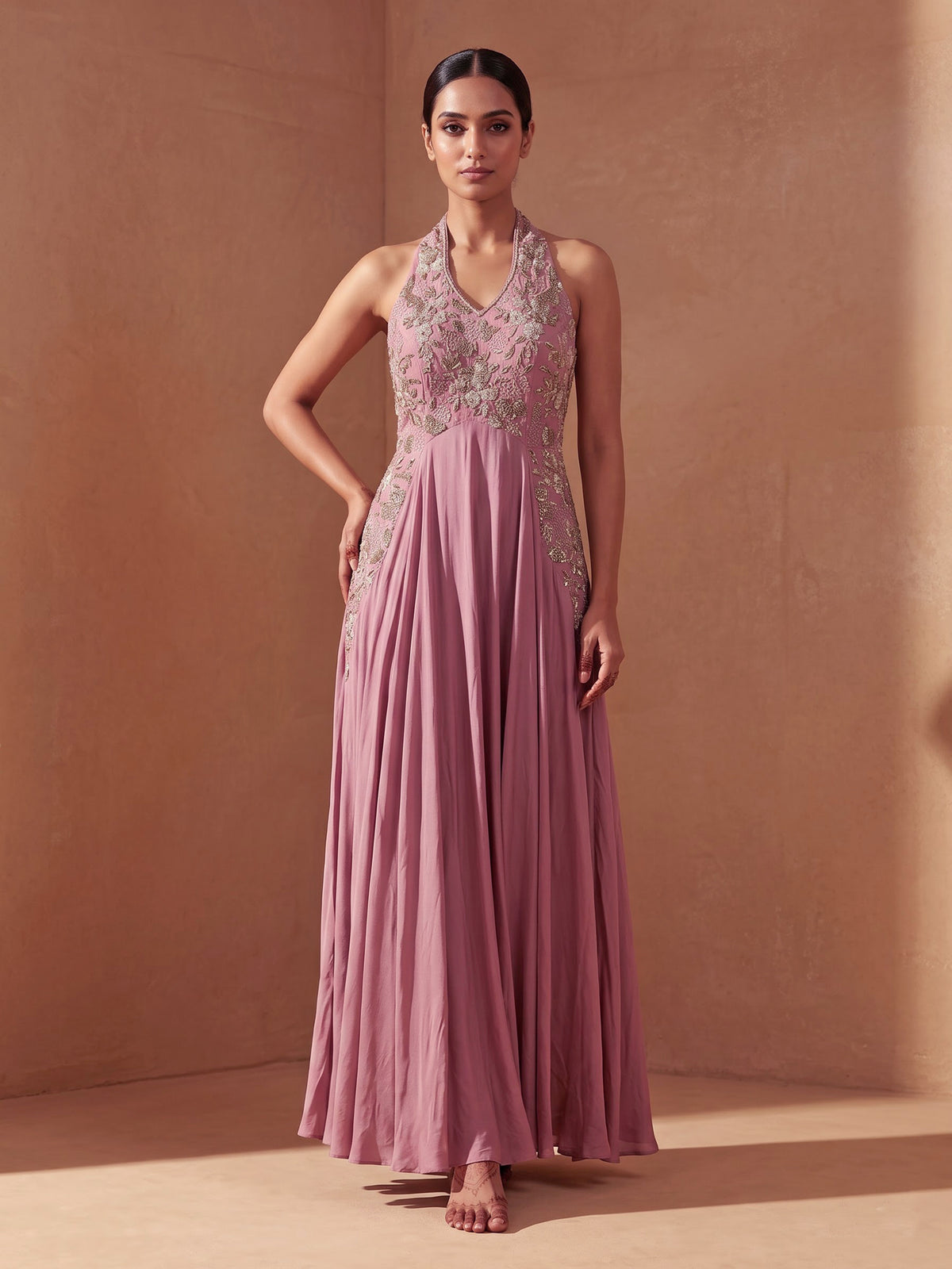 Pink silk anarkali suit with elegant zardosi embellishments