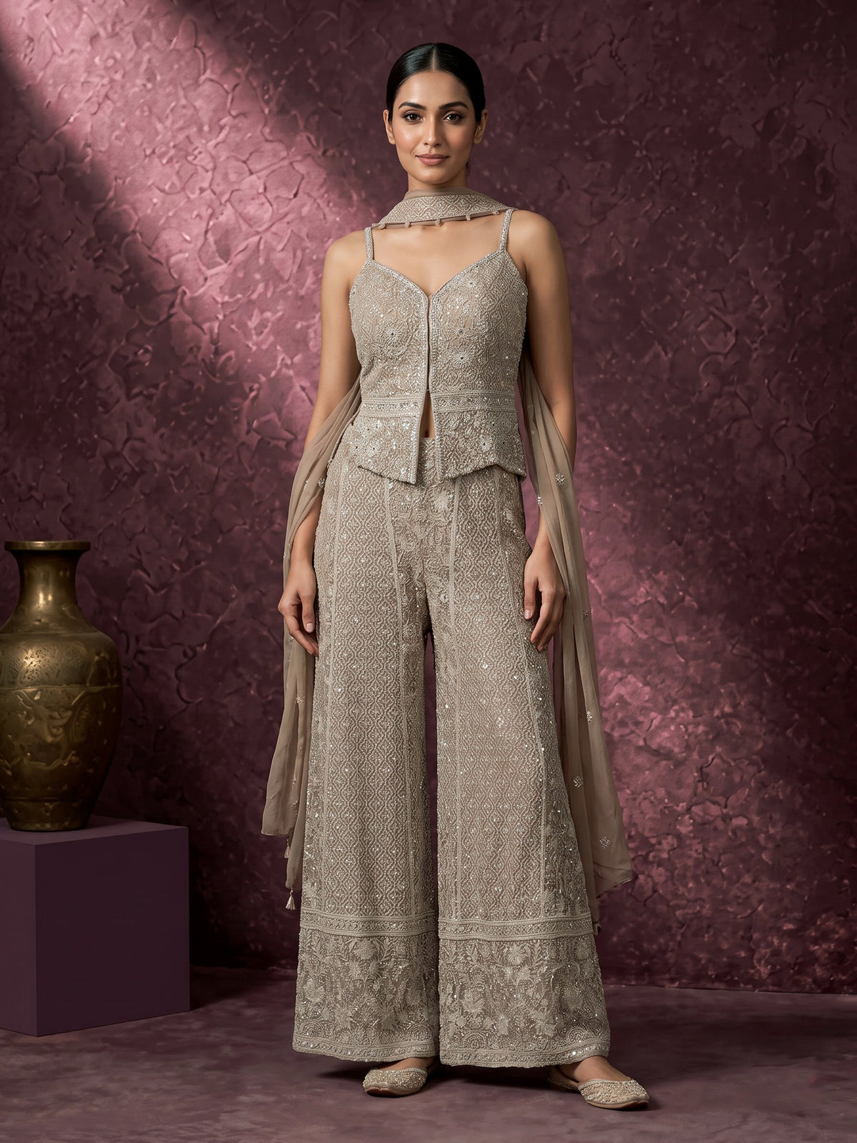Beige georgette pakistani salwar suit with sparkling mirror embellishments