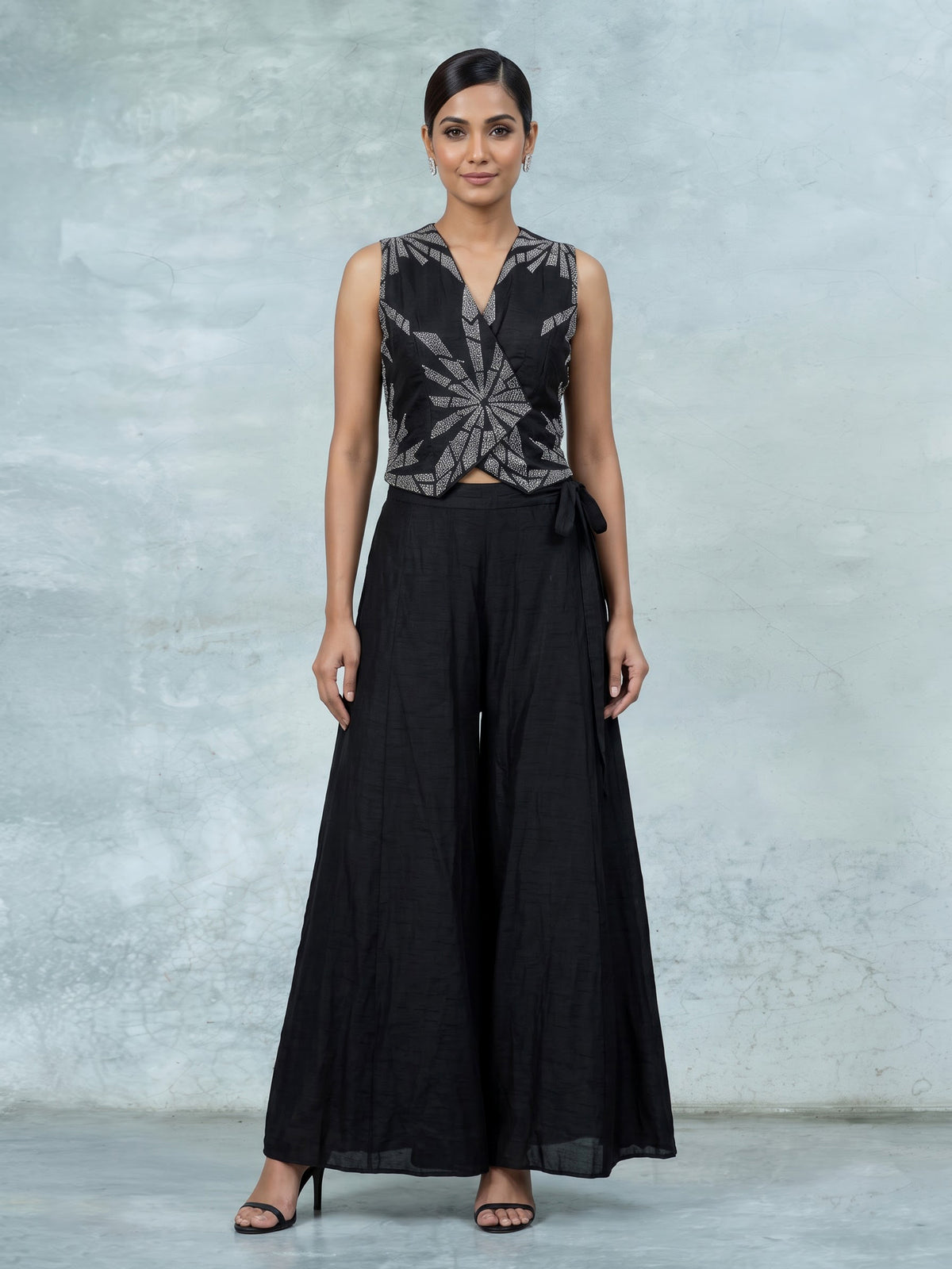 Black raw silk designer salwar suit with bead embellishments