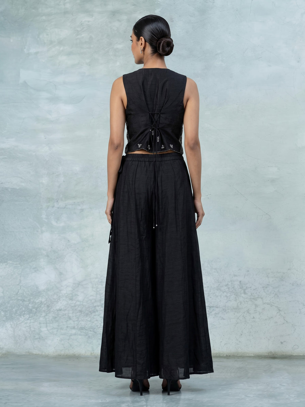 Black raw silk designer salwar suit with bead embellishments
