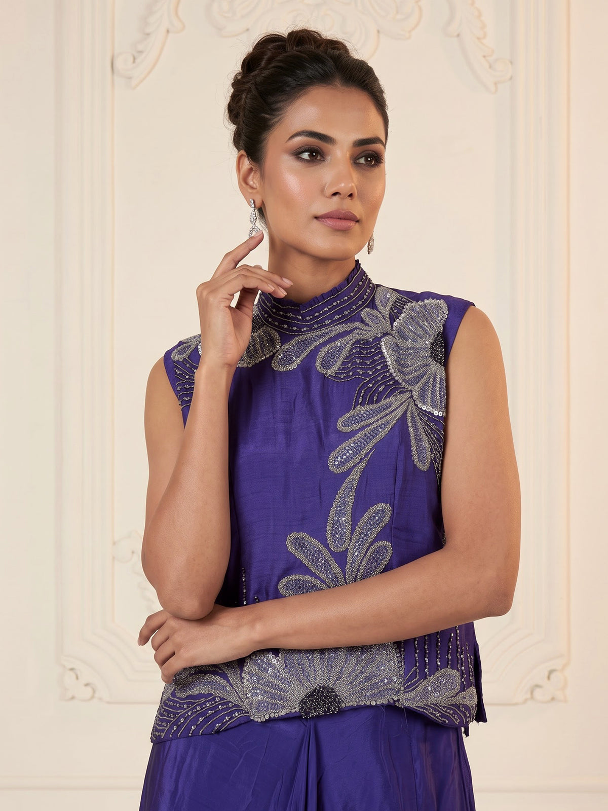 Blue satin crepe silk indowestern suit with bead embellishments