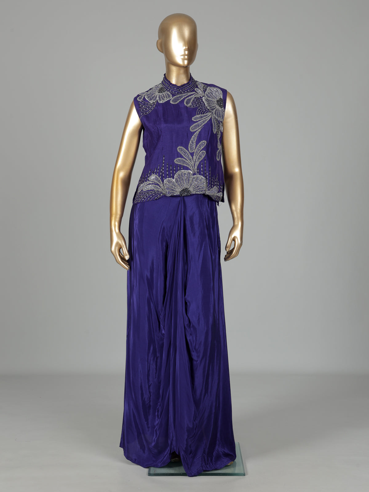 Blue satin crepe silk indowestern suit with bead embellishments