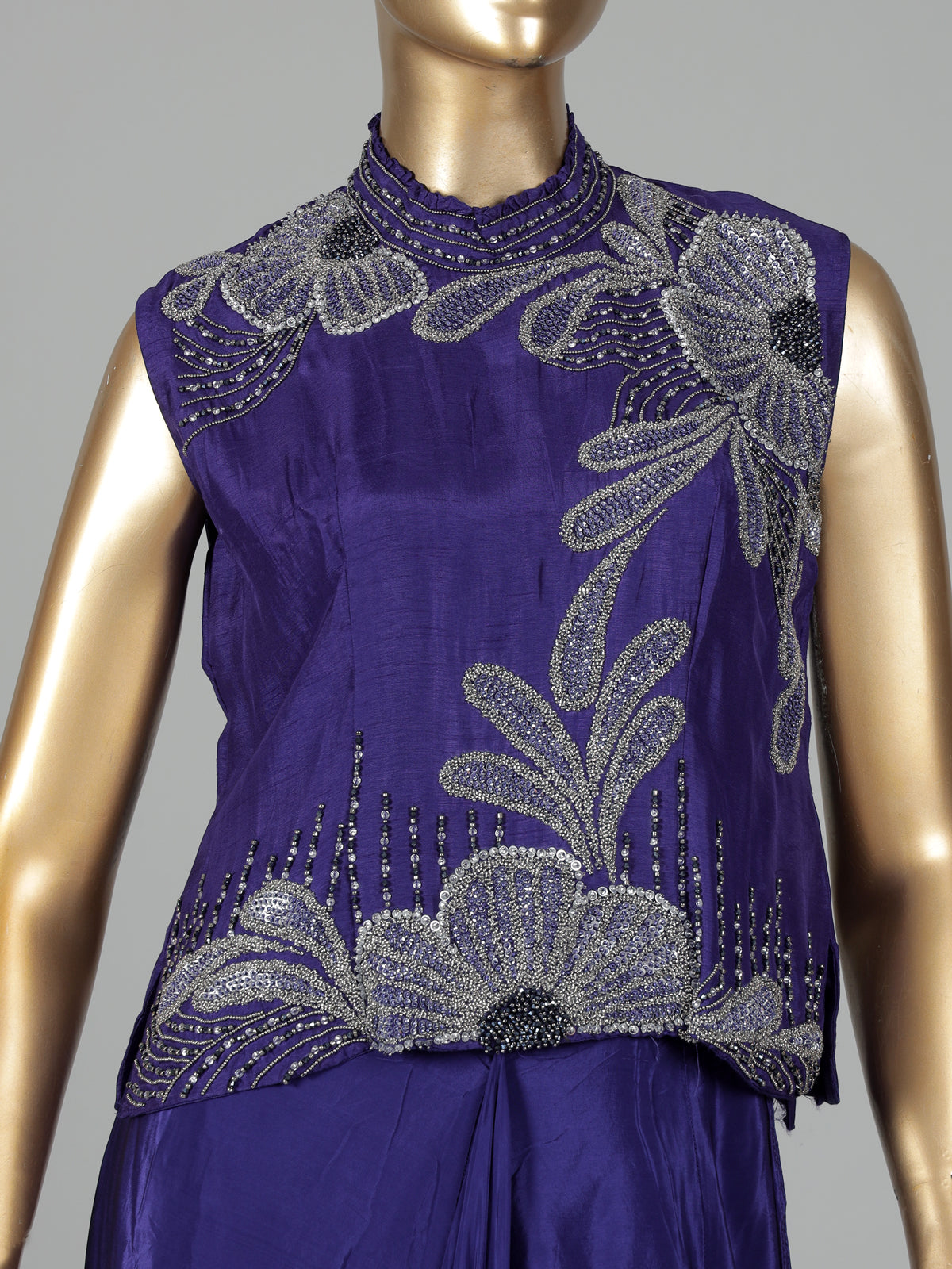 Blue satin crepe silk indowestern suit with bead embellishments