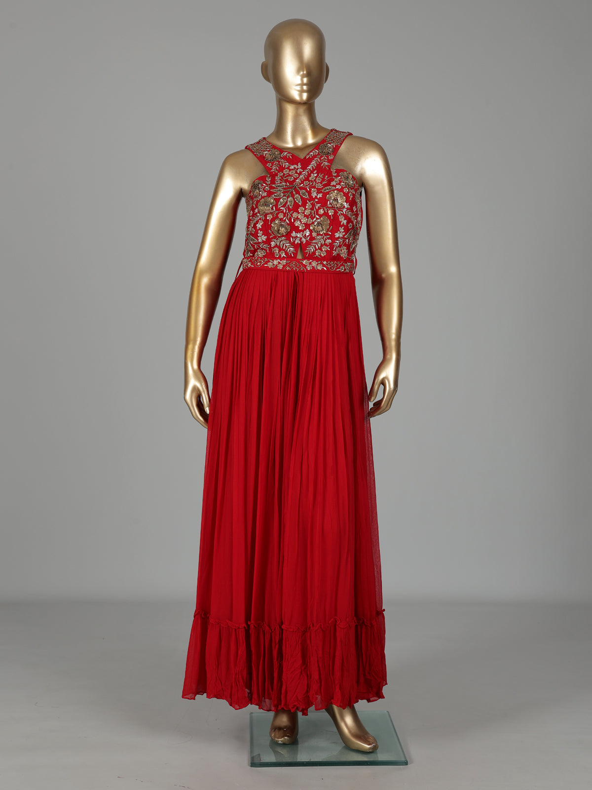 Red georgette anarkali suit with zardosi embellishments