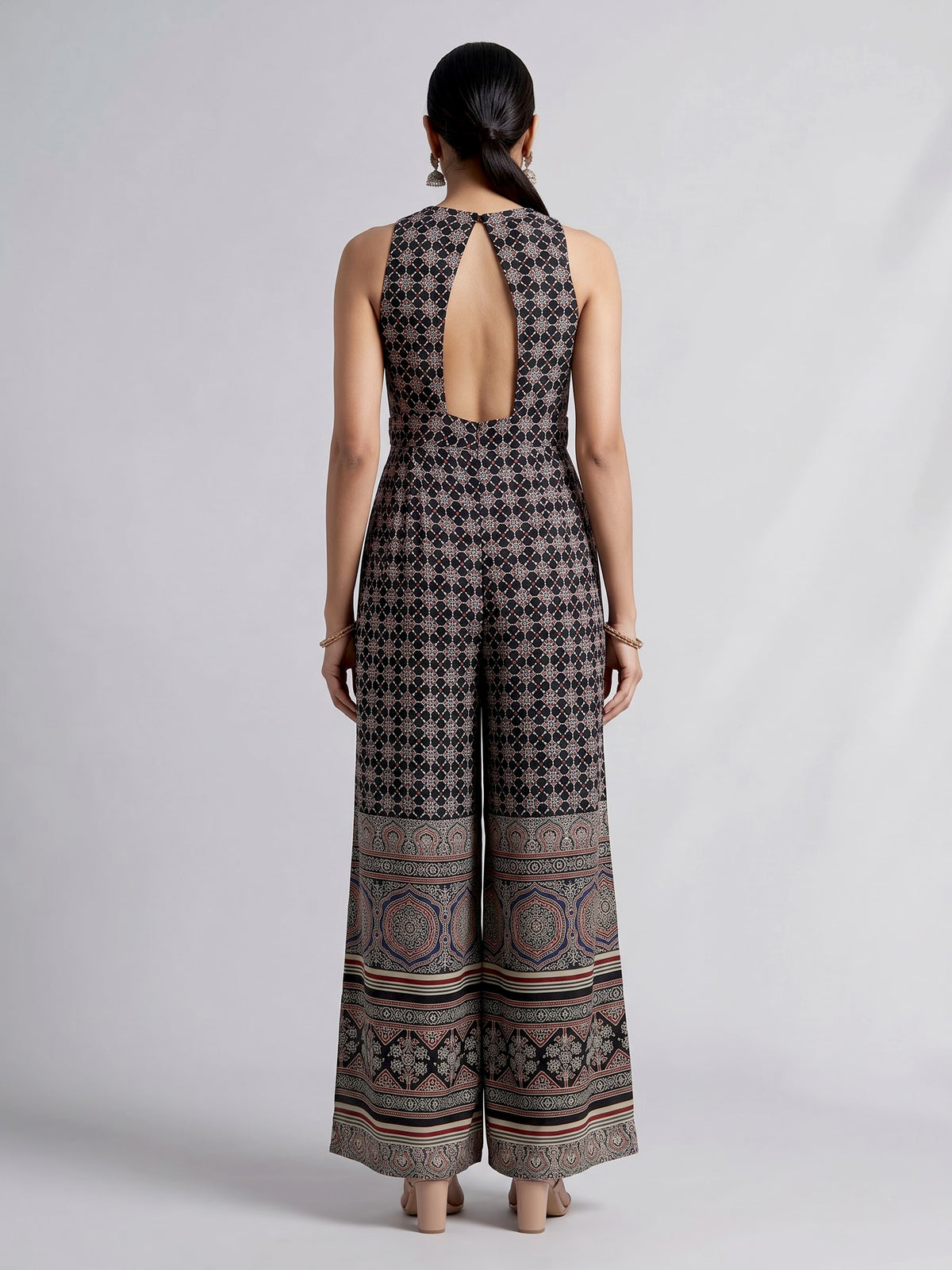 Black cotton silk printed jumpsuit with zardosi embellishments