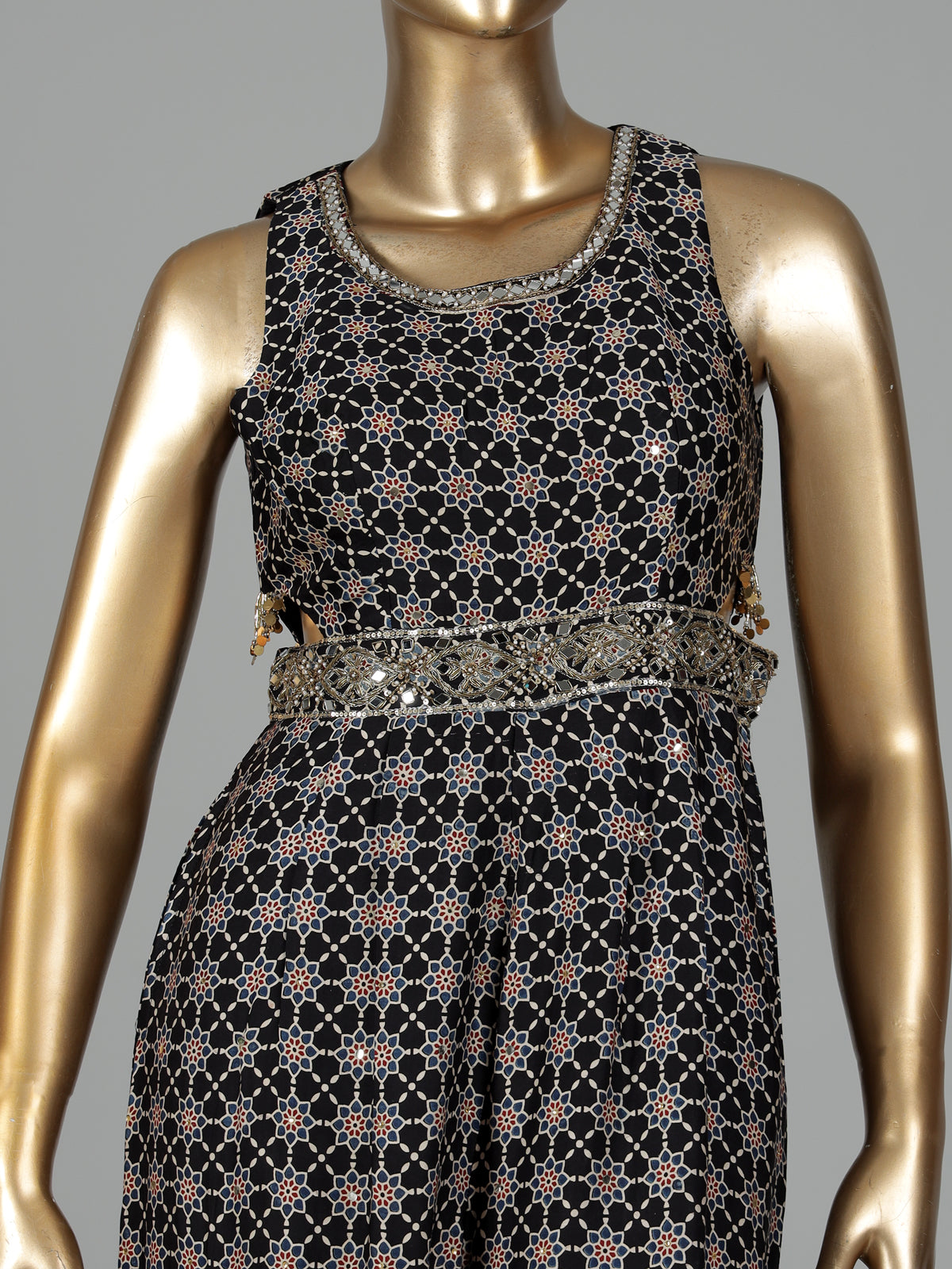Black cotton silk printed jumpsuit with zardosi embellishments