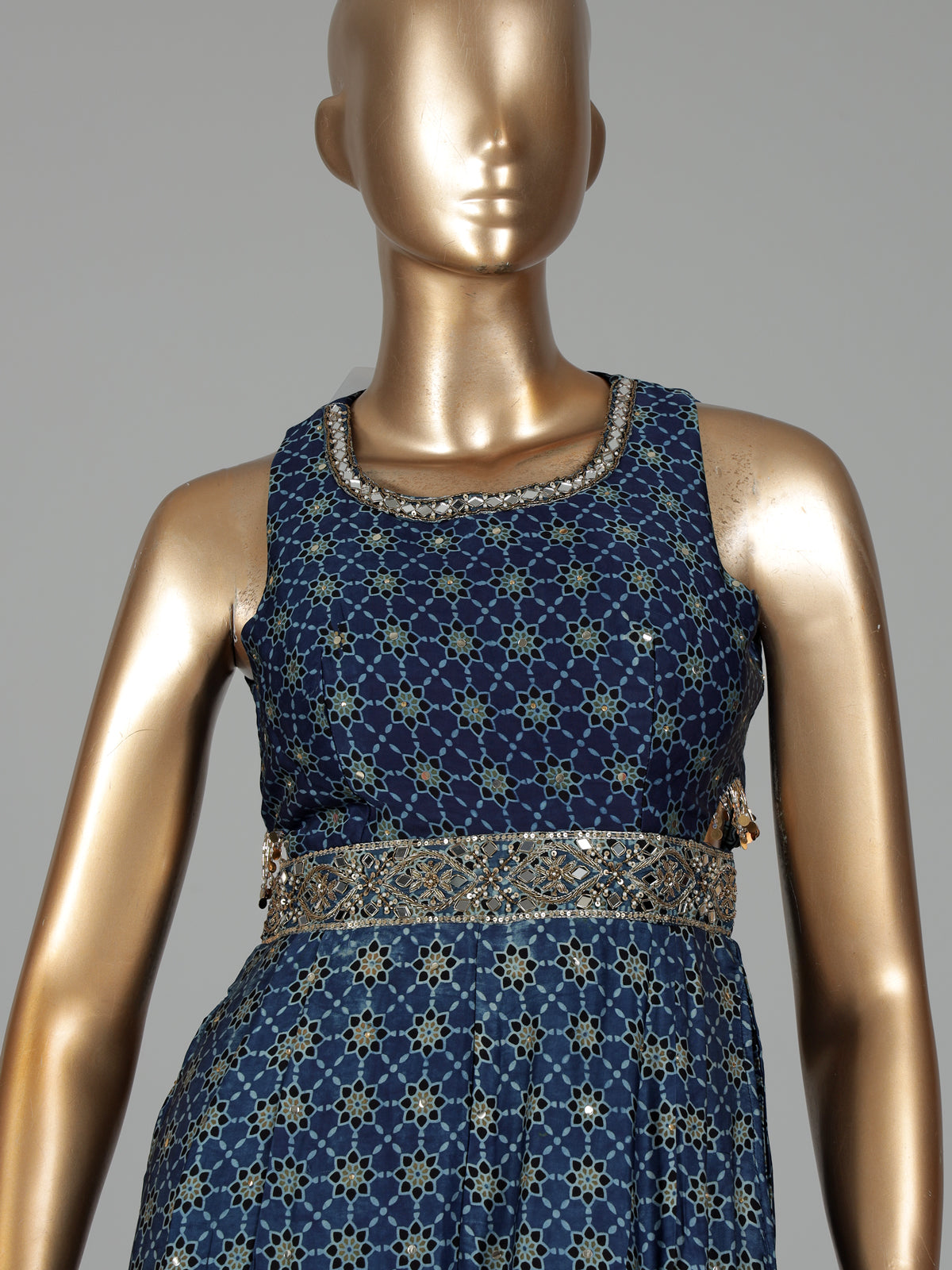 Blue cotton silk printed jumpsuit with mirror embellishments