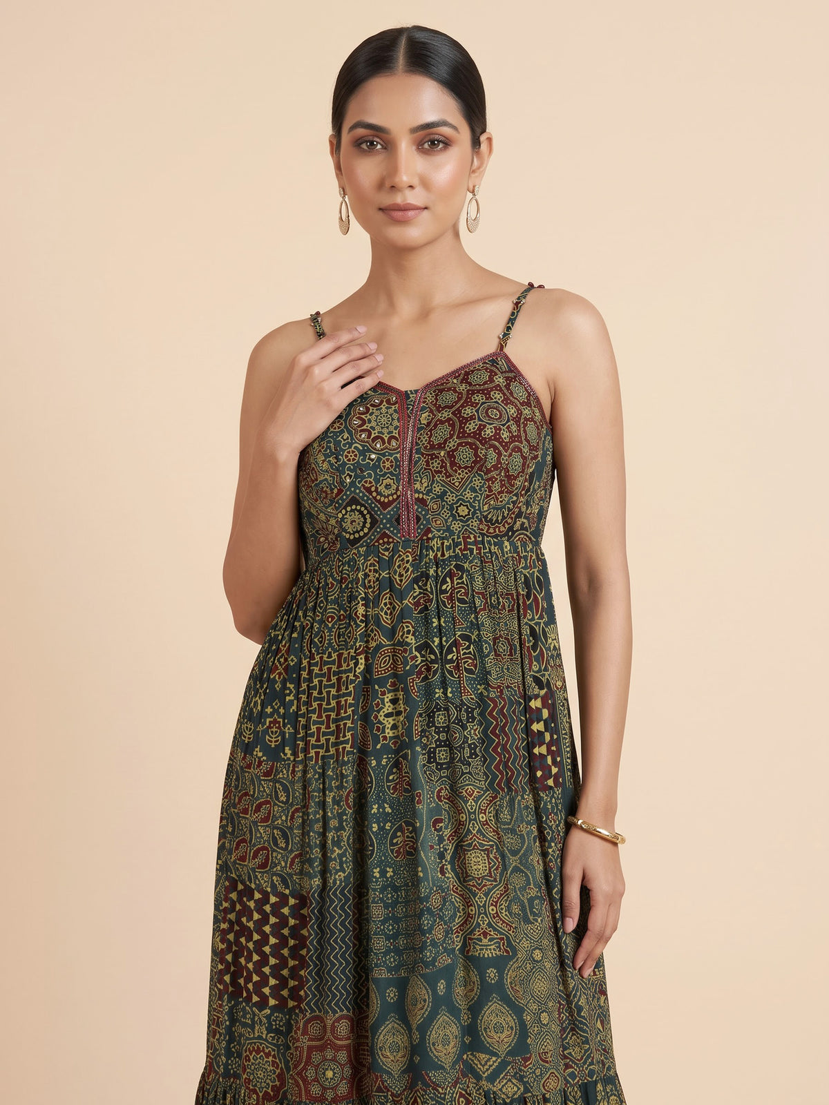 Green silk printed anarkali suit with stone embellishments