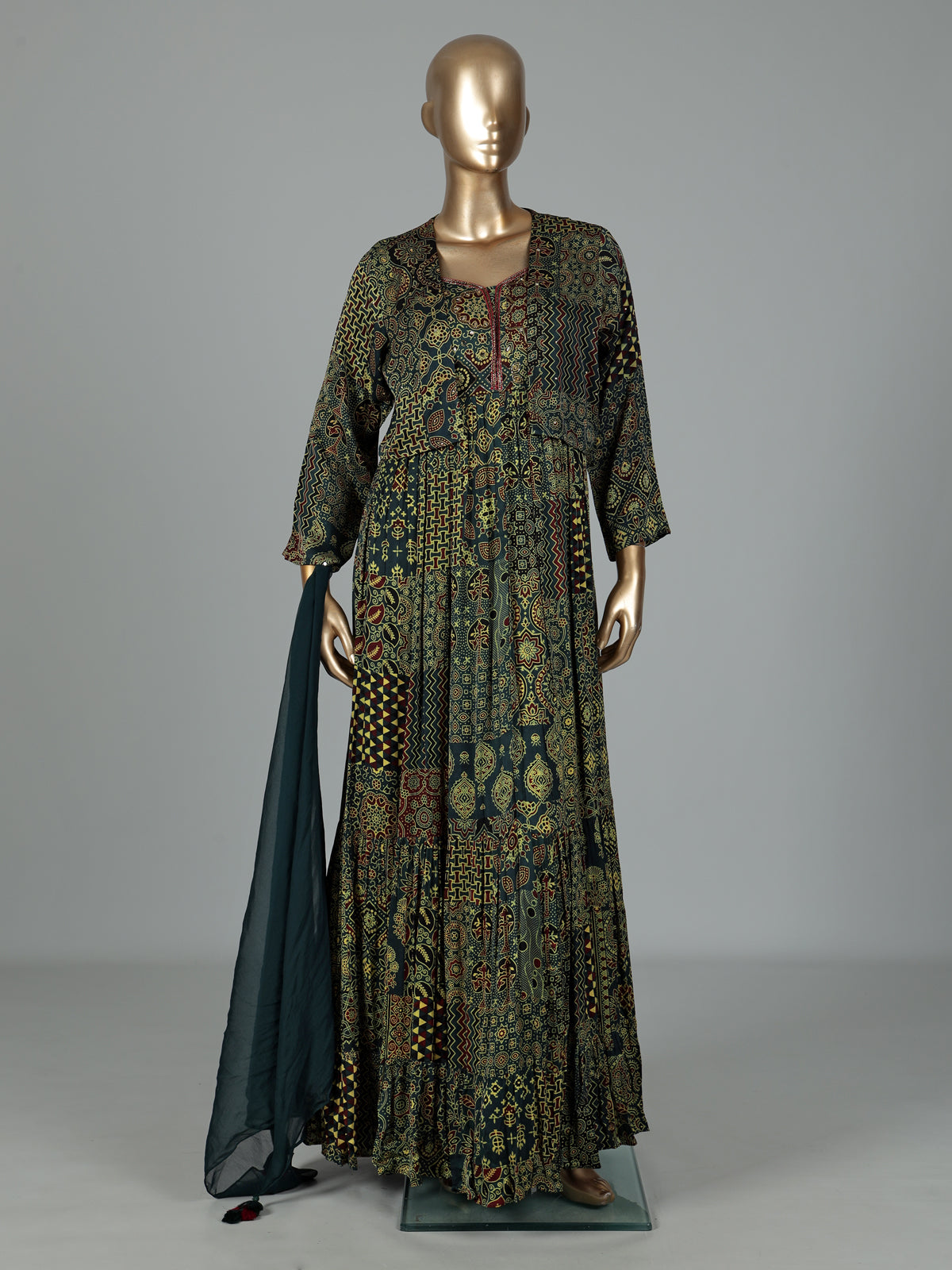 Green silk printed anarkali suit with stone embellishments