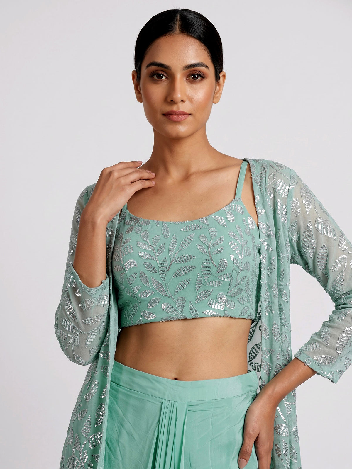 Mint green georgette indowestern suit with sequined jacket