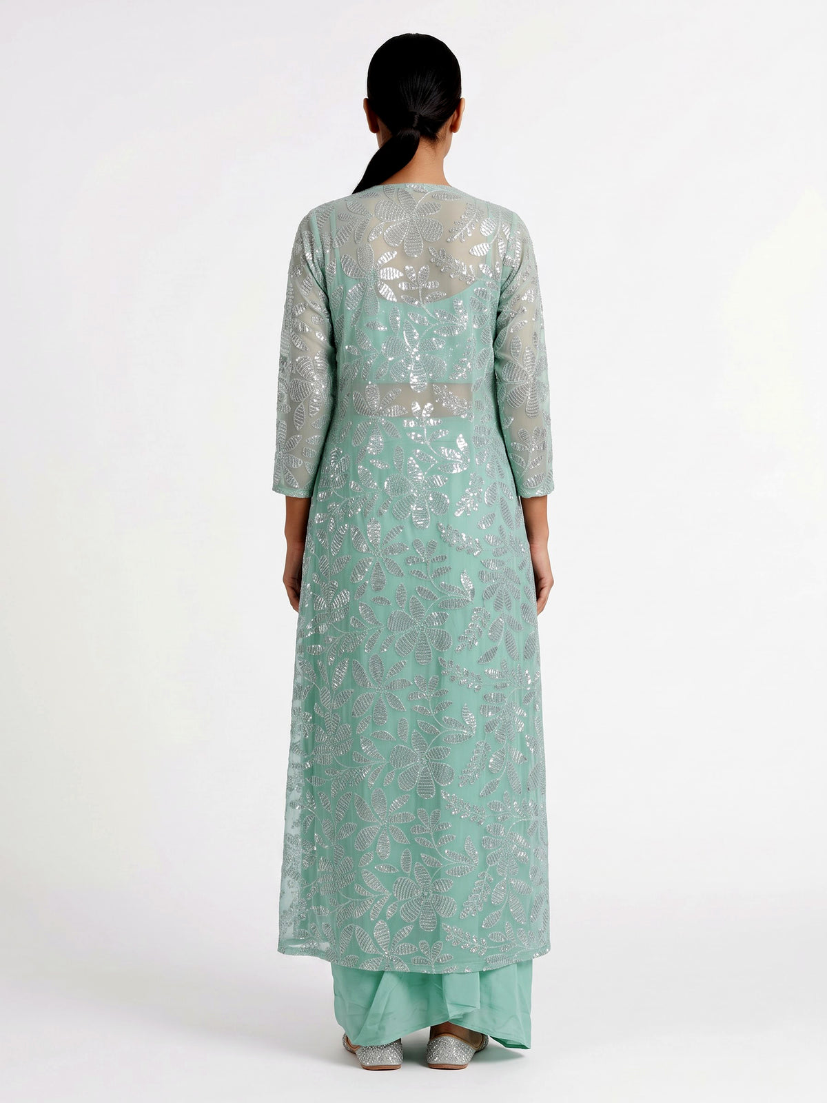 Mint green georgette indowestern suit with sequined jacket