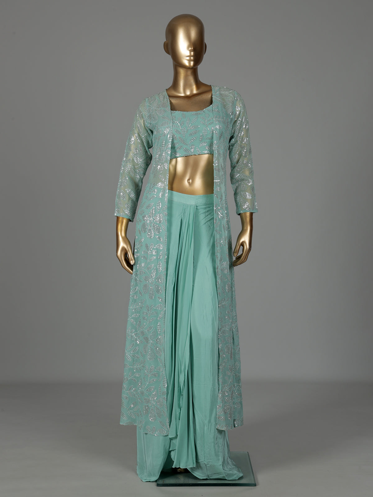Mint green georgette indowestern suit with sequined jacket