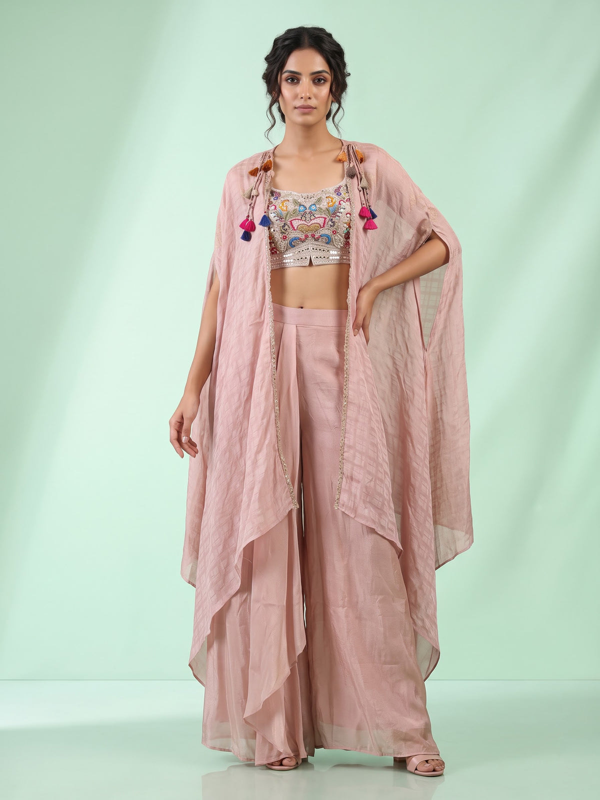 Mauve onion pink silk indowestern suit with embellished shrug