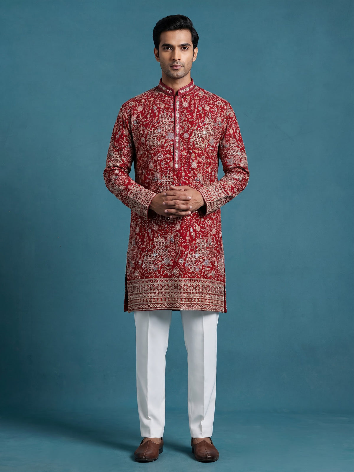 Red georgette mens kurta suit with mirror floral jaal