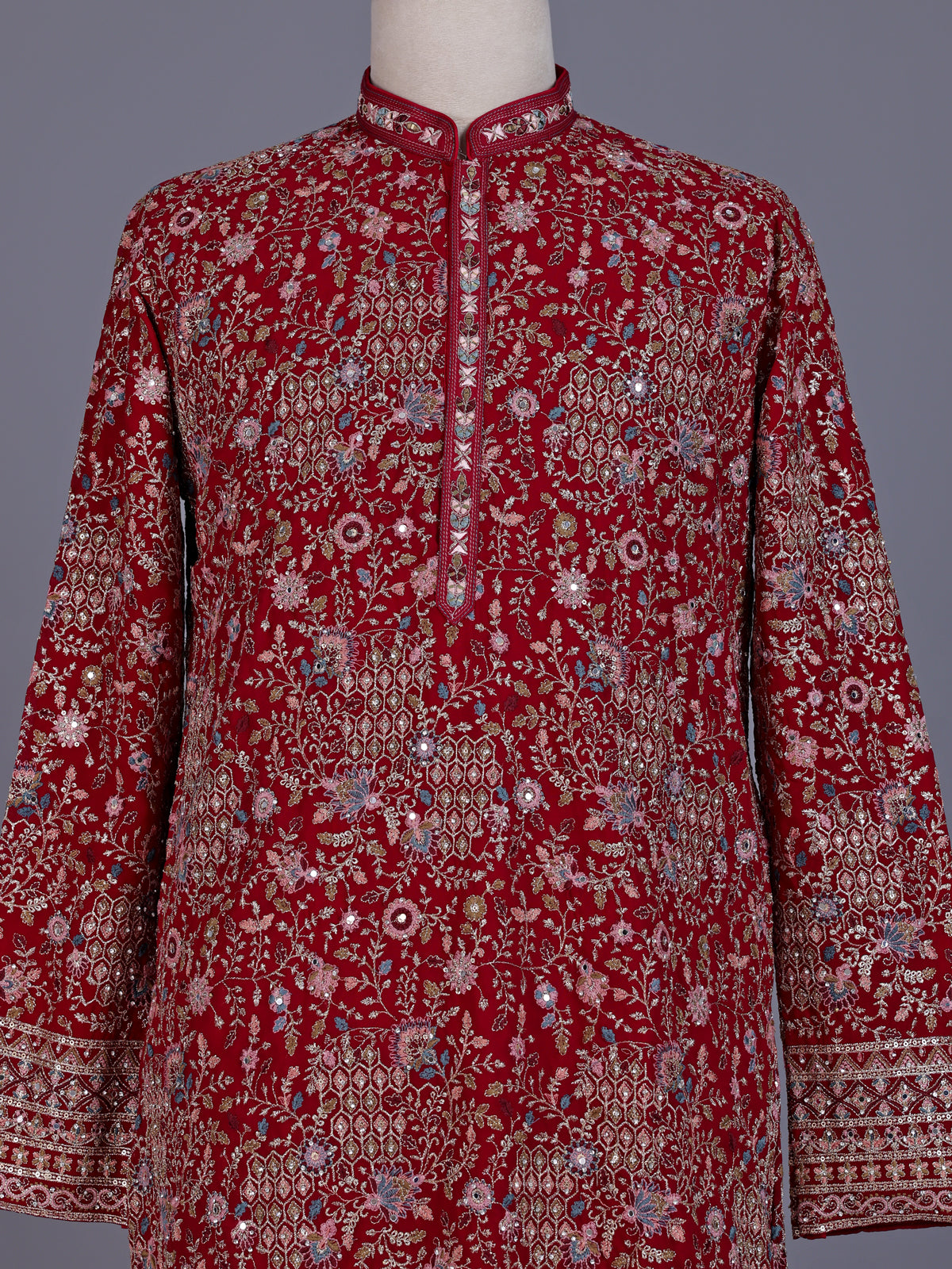 Red georgette mens kurta suit with mirror floral jaal