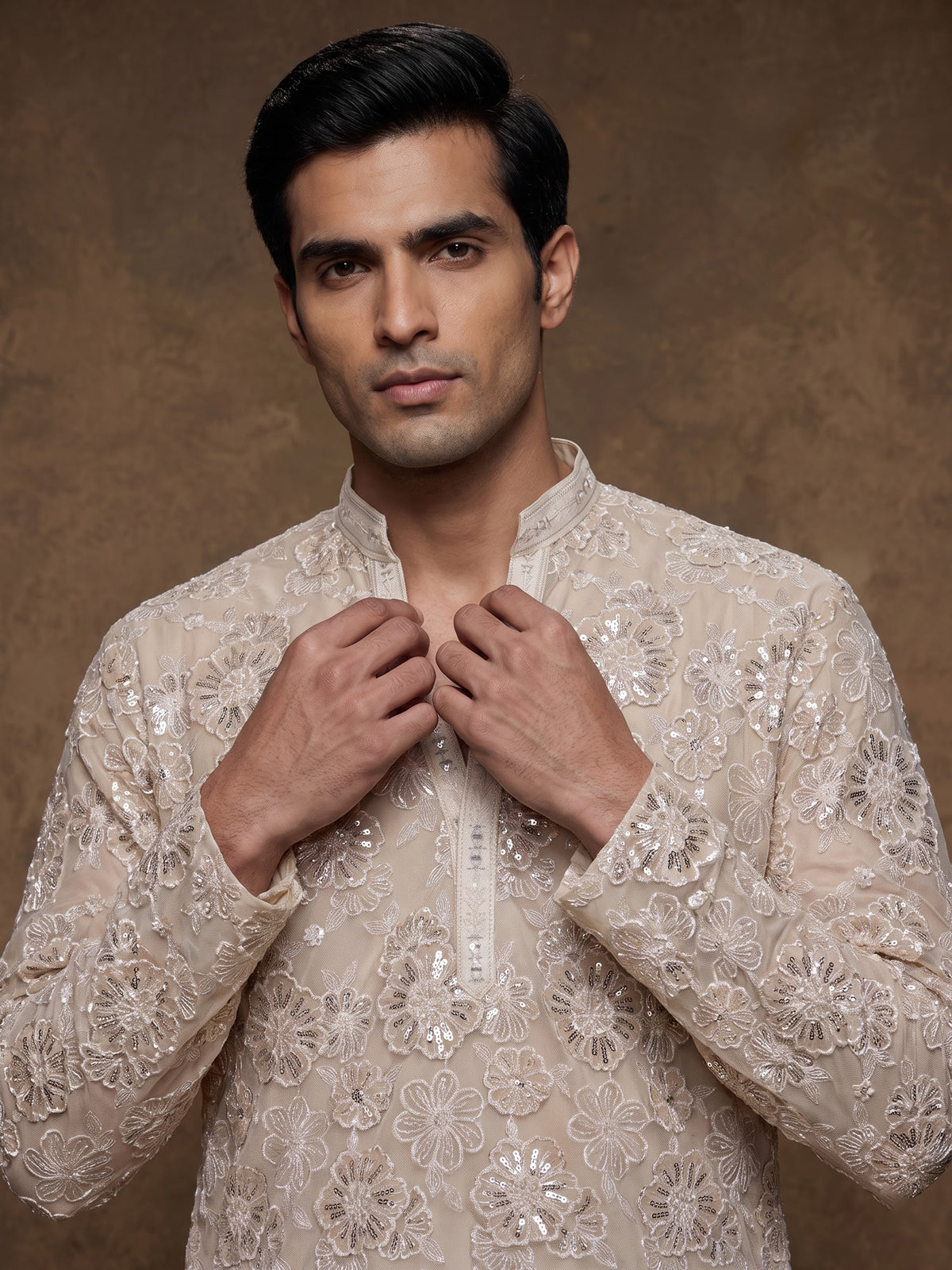 Beige net mens kurta suit with opulent floral sequin embroidery