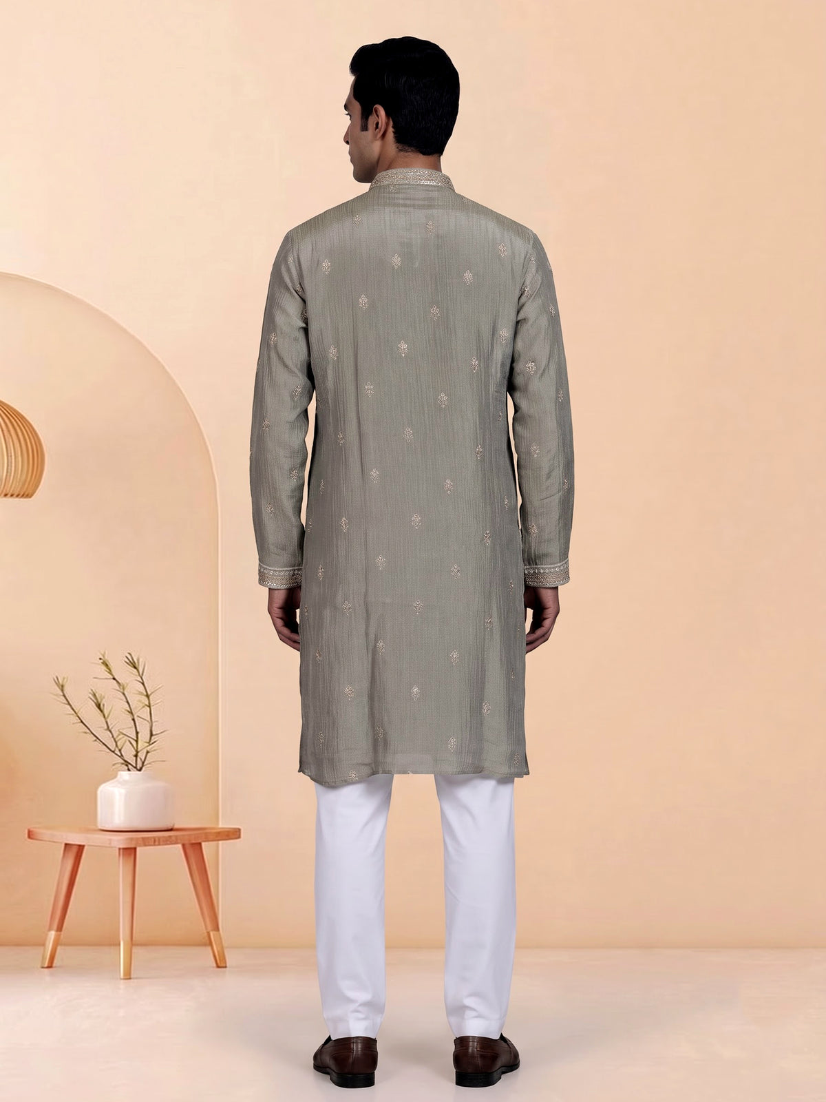 Pastel olive mens kurta suit with asymmetric floral zardosi detailing