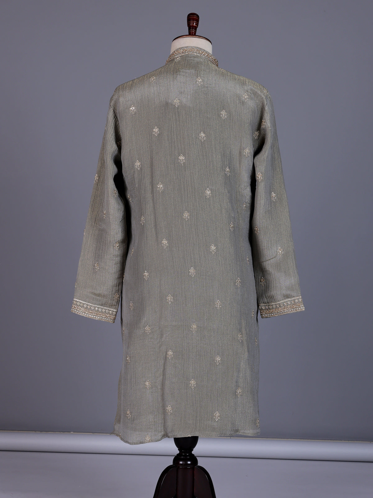 Pastel olive mens kurta suit with asymmetric floral zardosi detailing