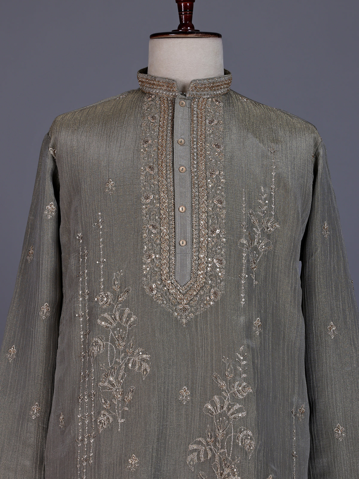 Pastel olive mens kurta suit with asymmetric floral zardosi detailing