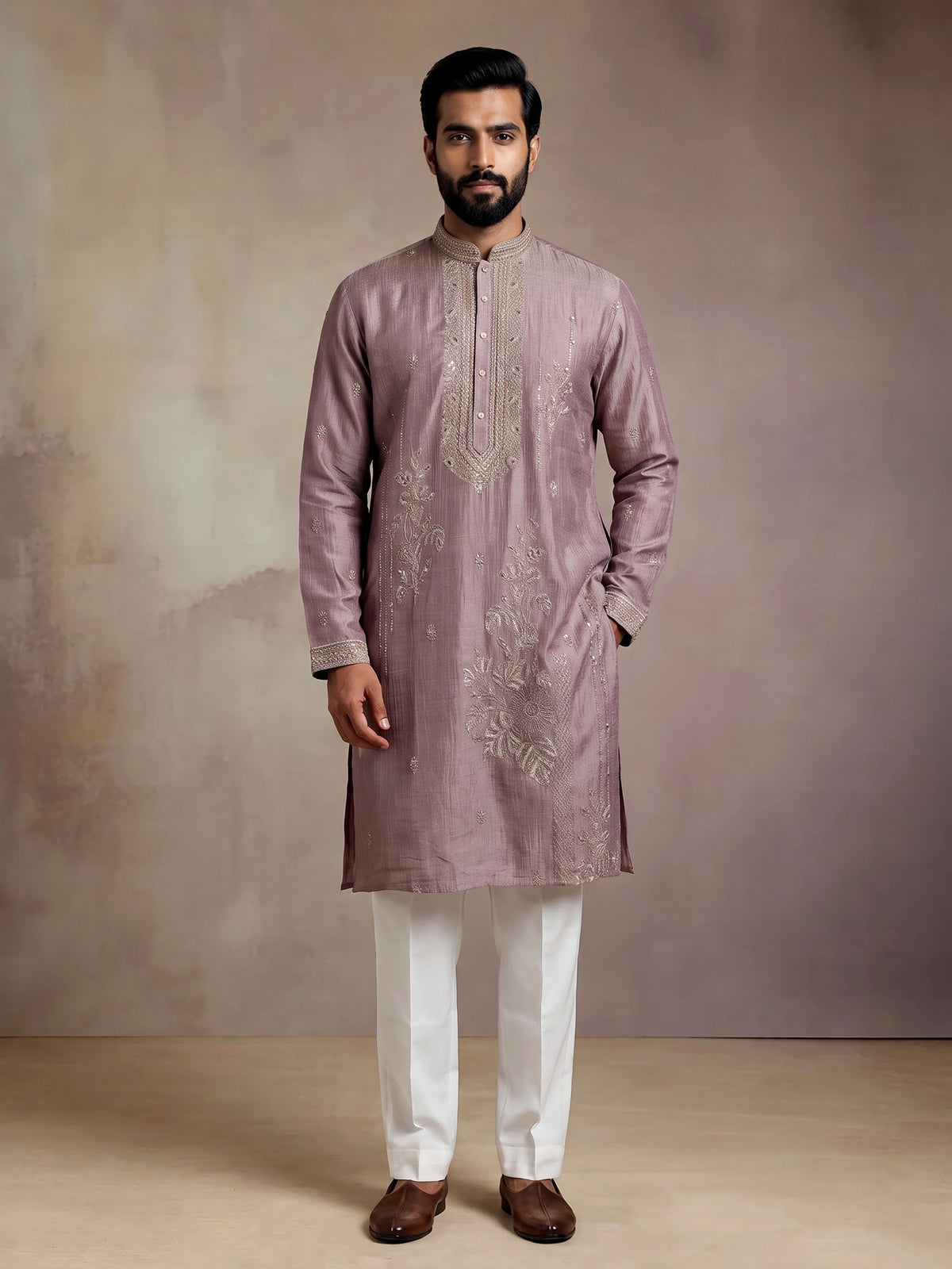 Pastel lavender purple mens kurta suit with cascading floral embellishments