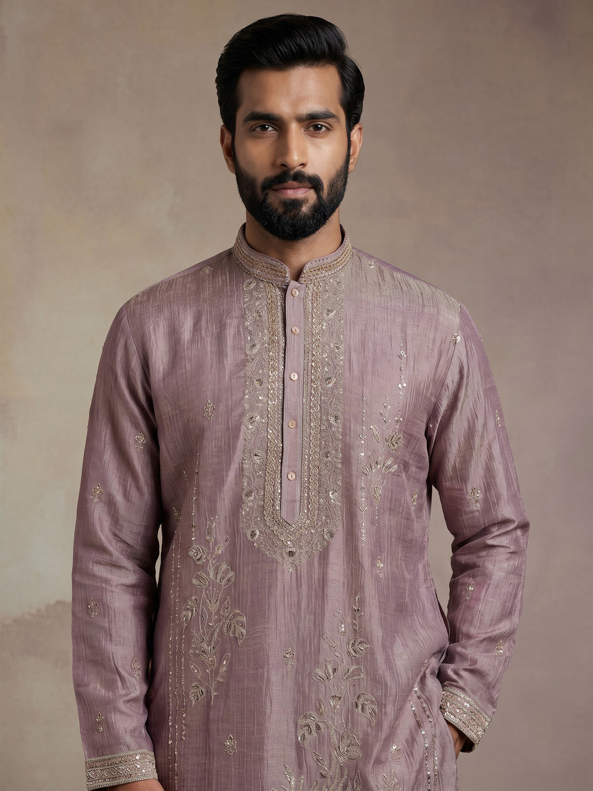 Pastel lavender purple mens kurta suit with cascading floral embellishments
