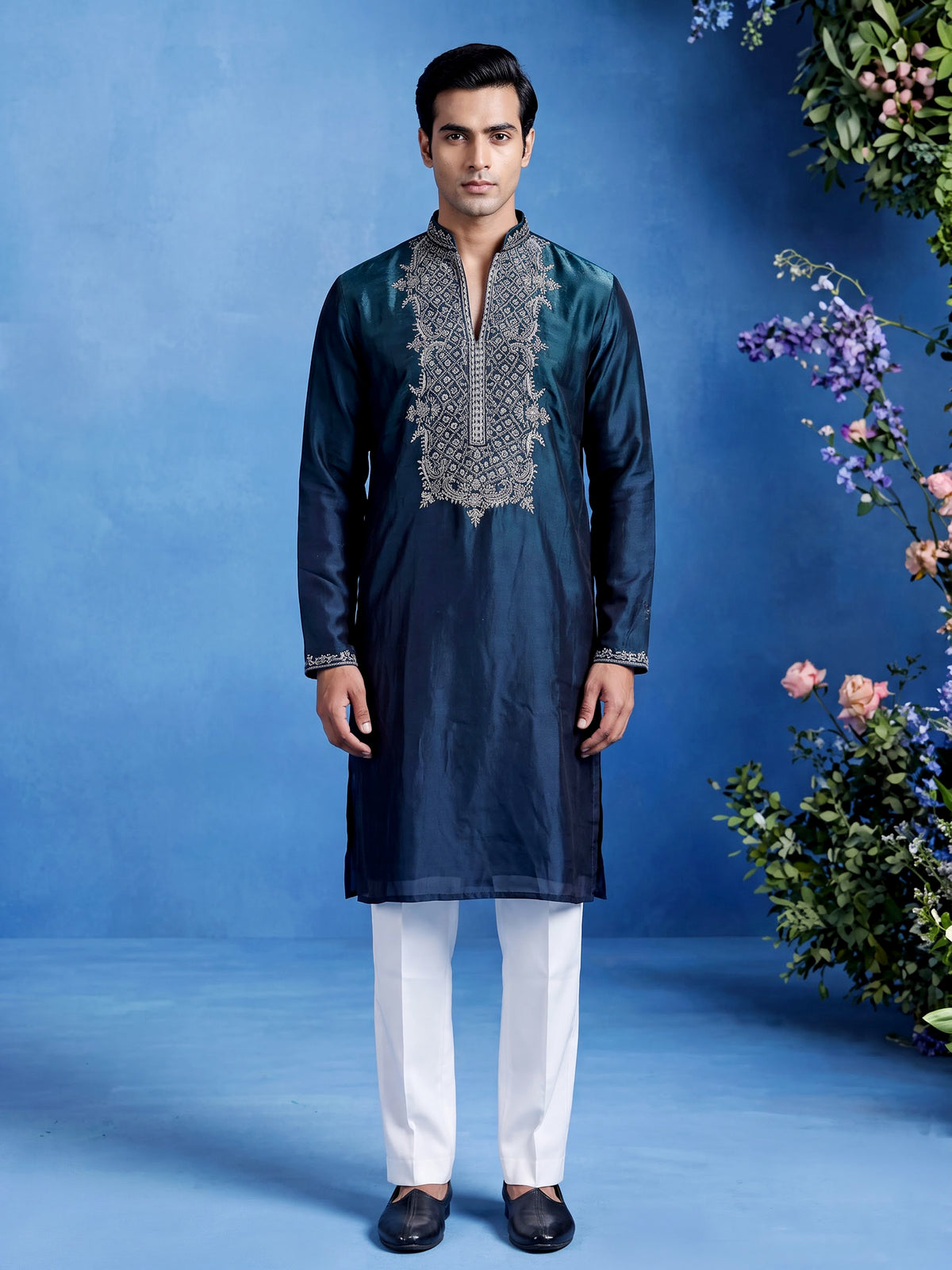 Peacock green micro velvet mens kurta suit with silver embellished yoke