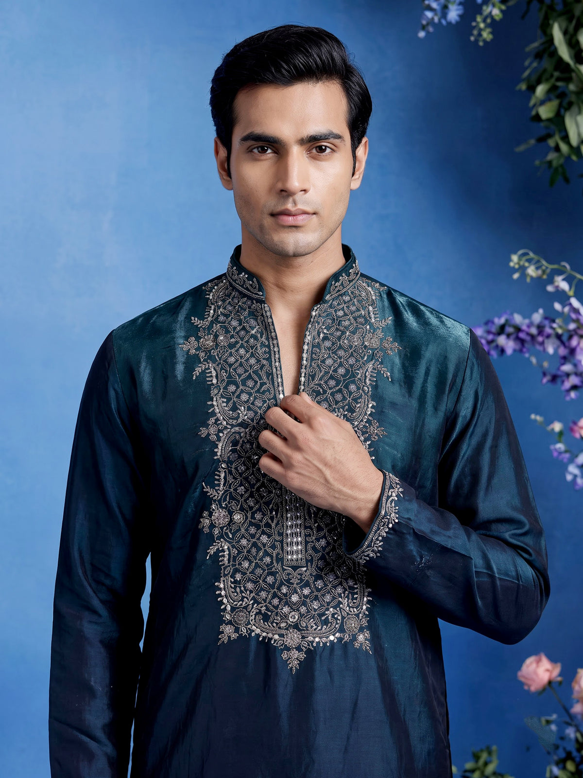 Peacock green micro velvet mens kurta suit with silver embellished yoke