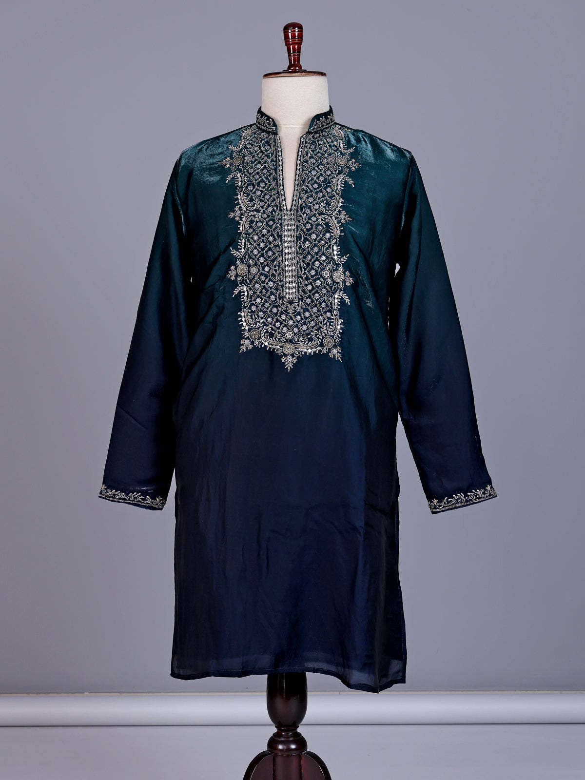 Peacock green micro velvet mens kurta suit with silver embellished yoke