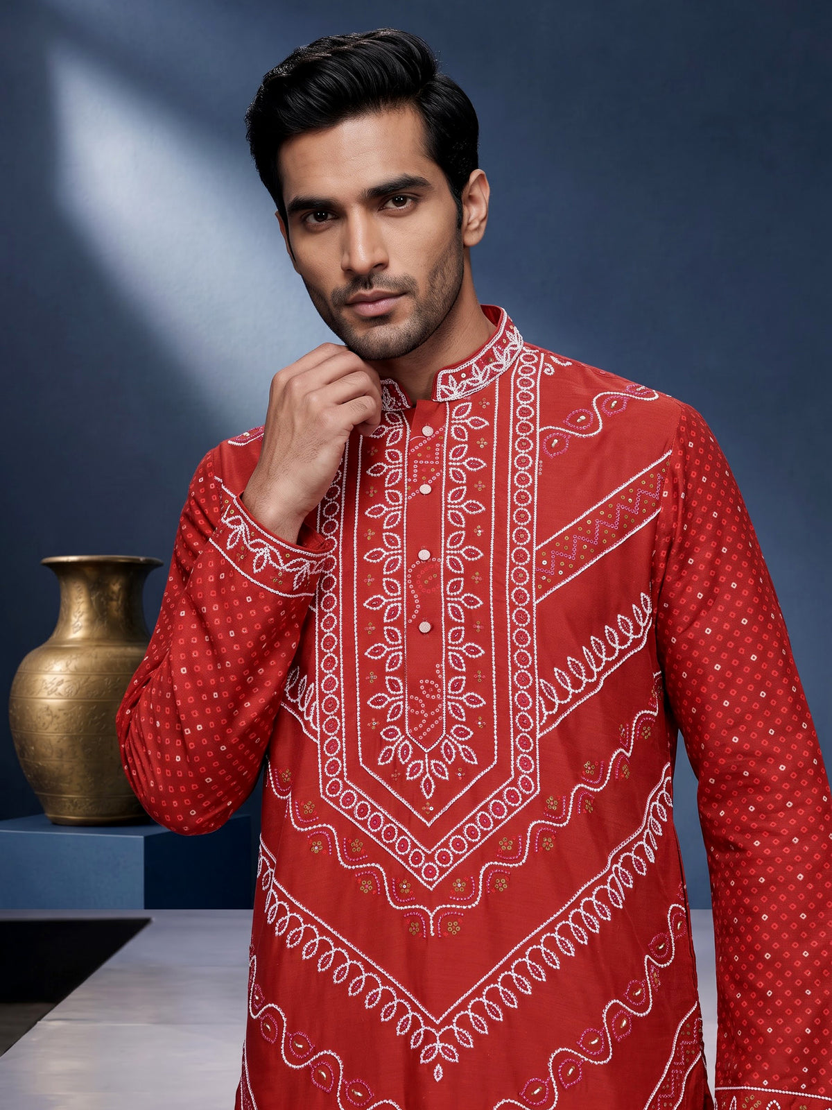 Orange Chanderi Blend mens kurta suit with bandhani print and sequin borders