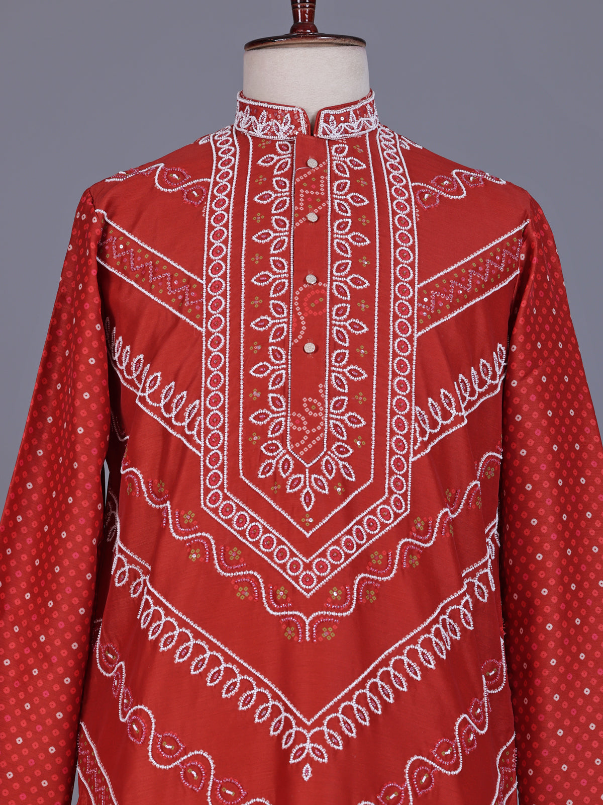 Orange Chanderi Blend mens kurta suit with bandhani print and sequin borders