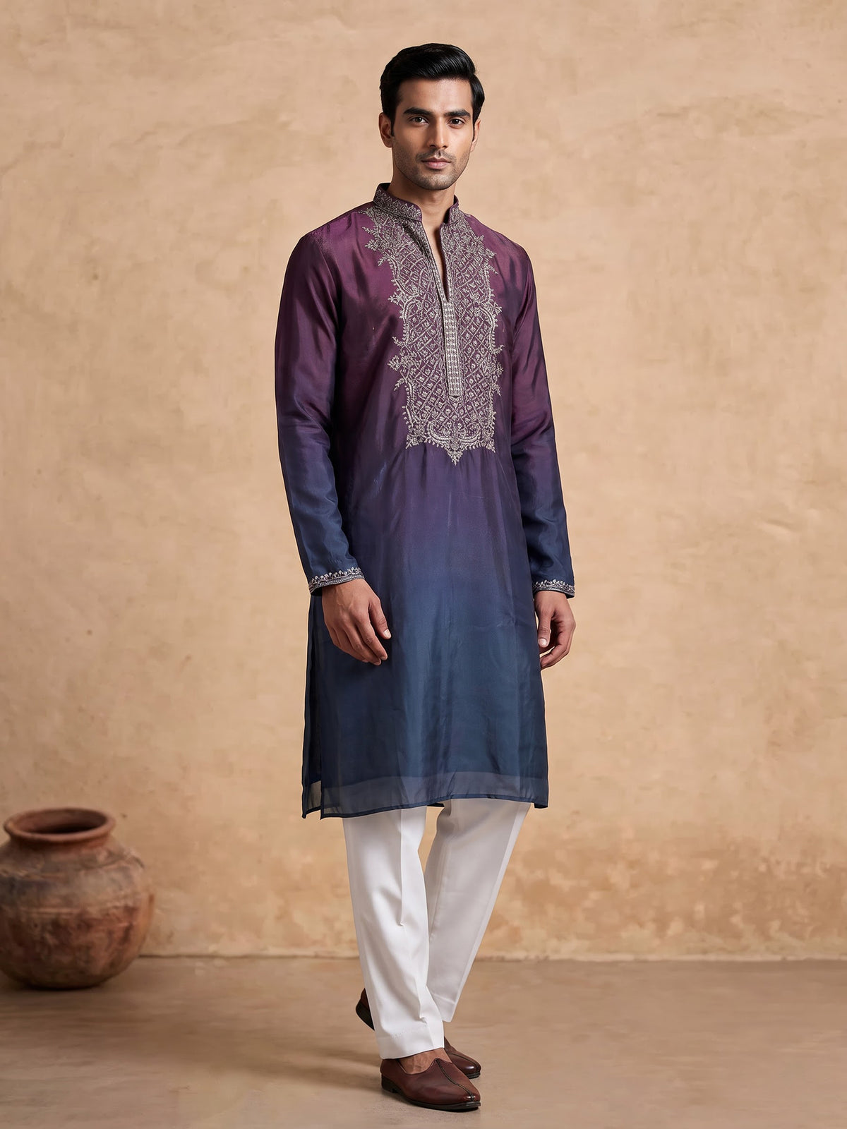 Wine and blue Dupion Silk Blend mens kurta suit with ornate embellished neckline