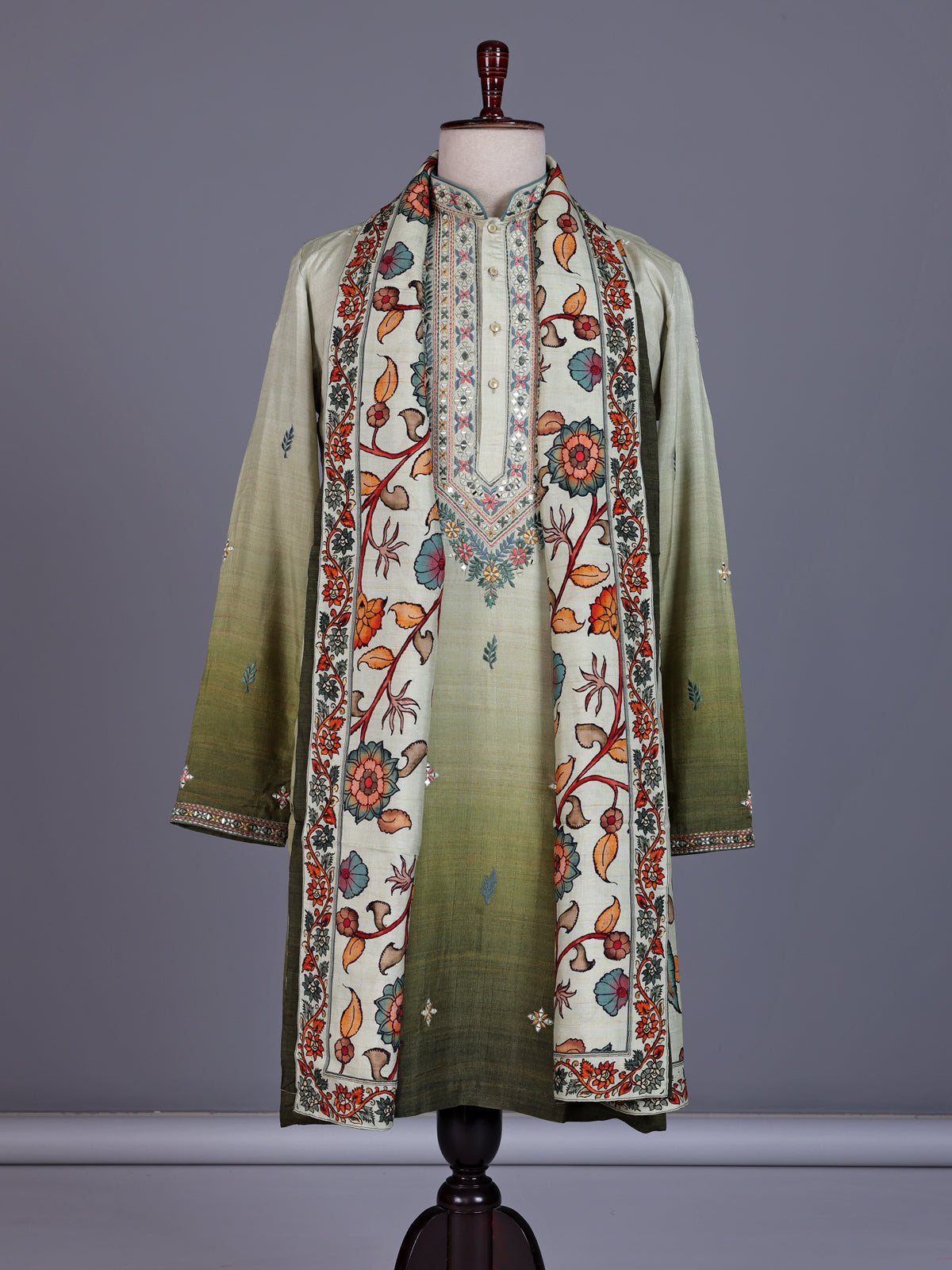 Mehendi green tusser silk mens kurta suit with kashmiri floral stole