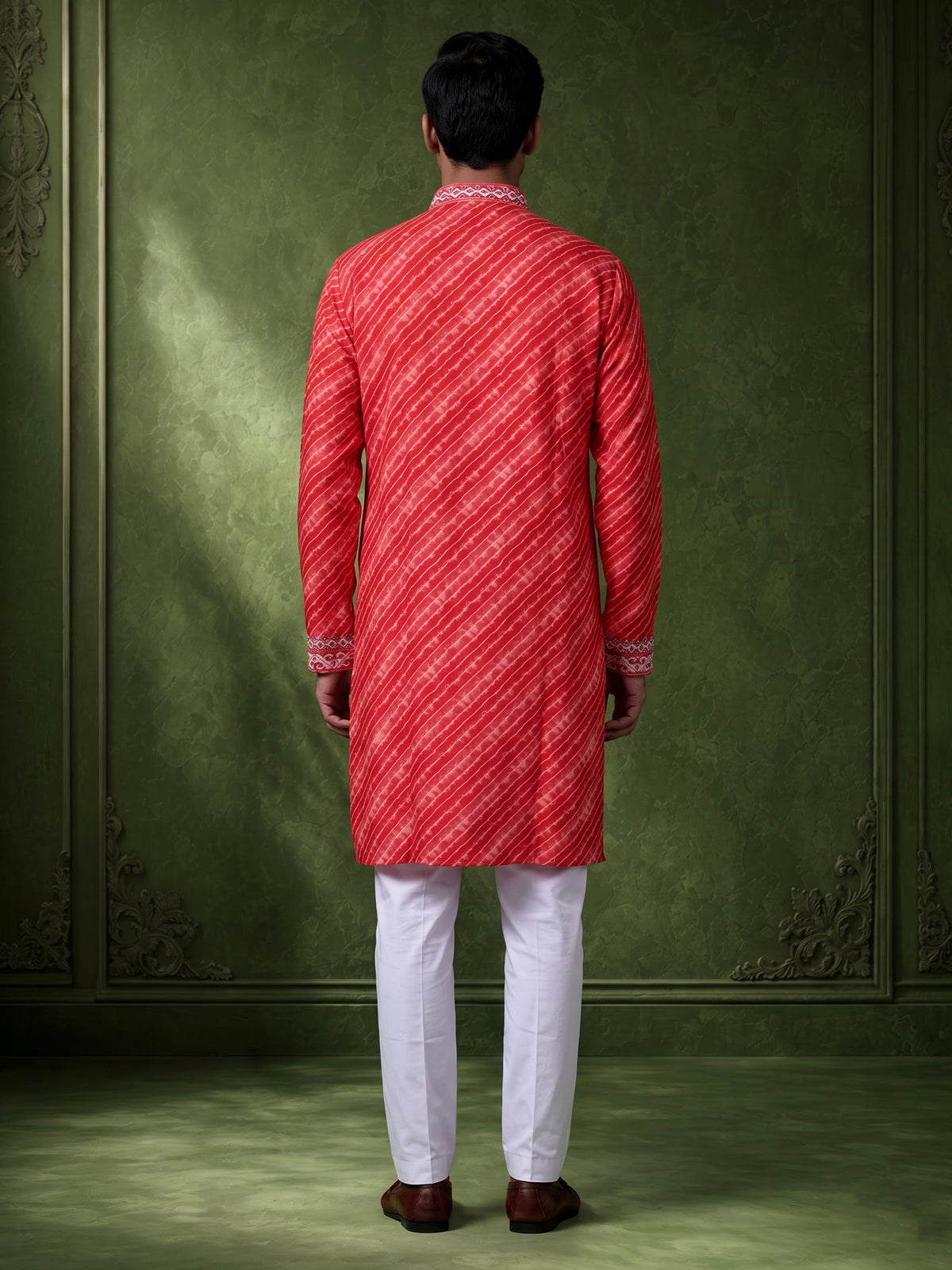 Red Art Silk mens kurta suit with ornate leheriya mirror work yoke