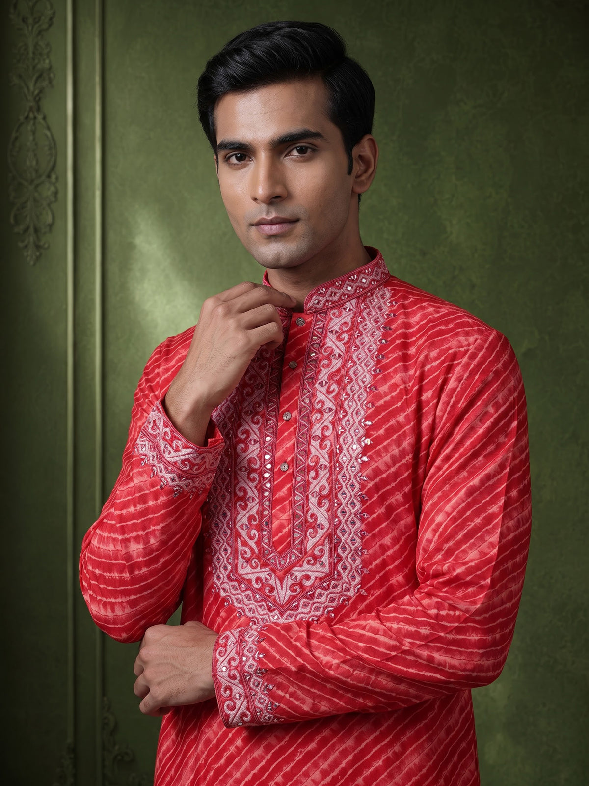 Red Art Silk mens kurta suit with ornate leheriya mirror work yoke