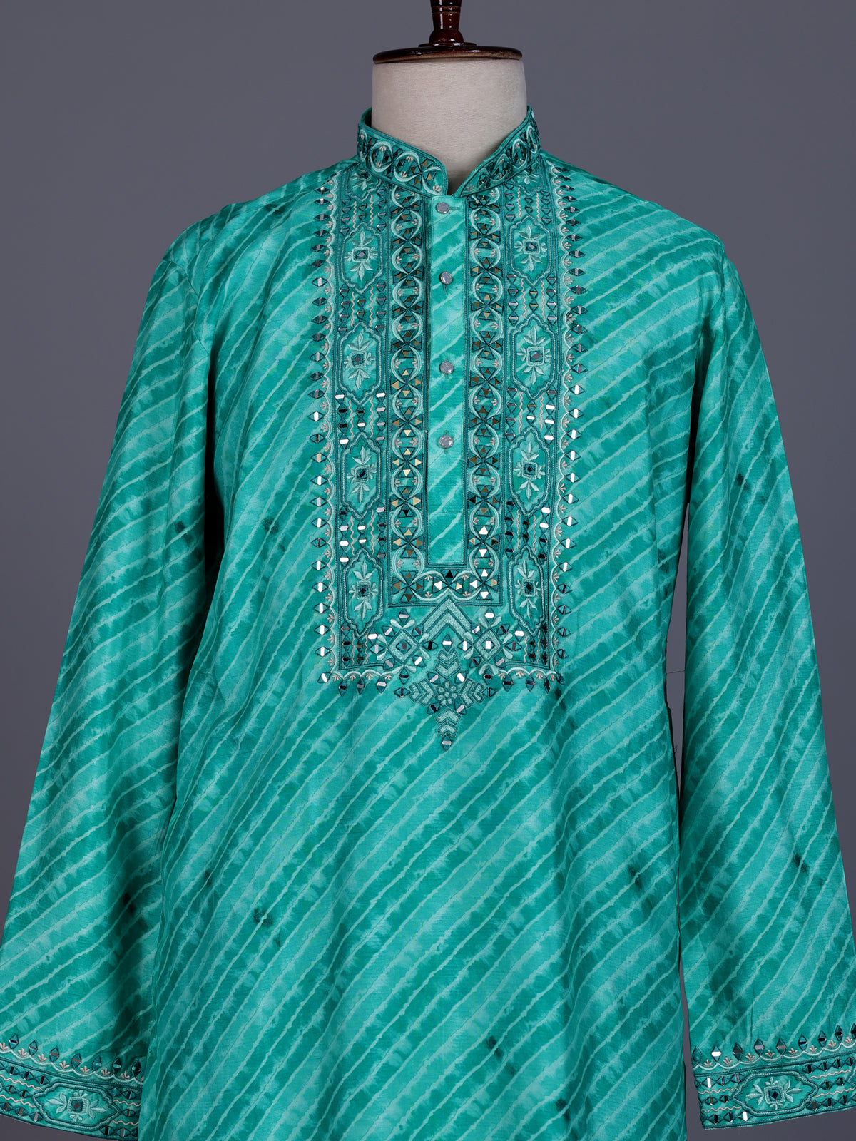 Sea green Art Silk mens kurta suit with mirror embellished yoke