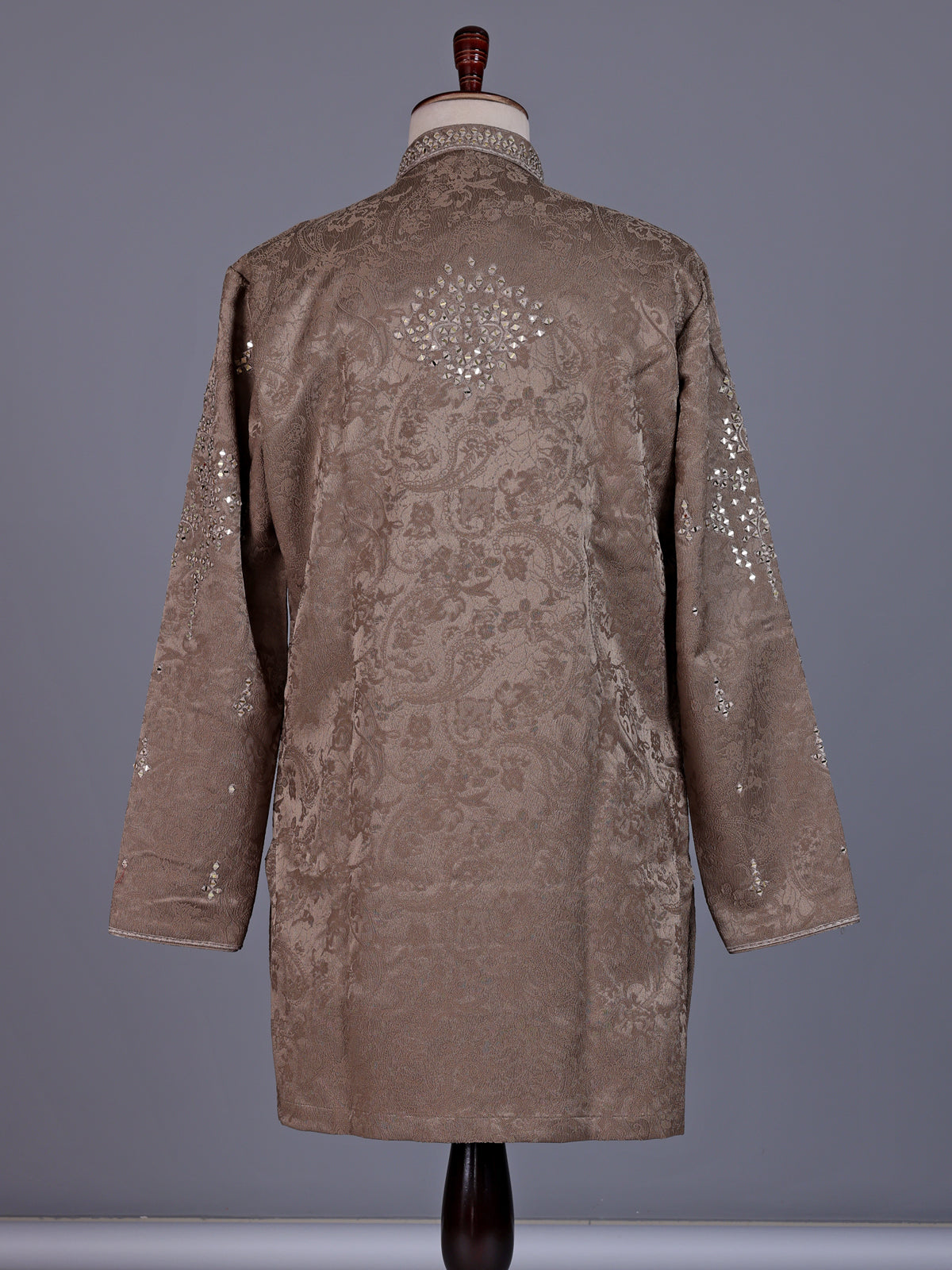 Dark beige Jacquard Silk Blend mens kurta suit with aabla zari detailing