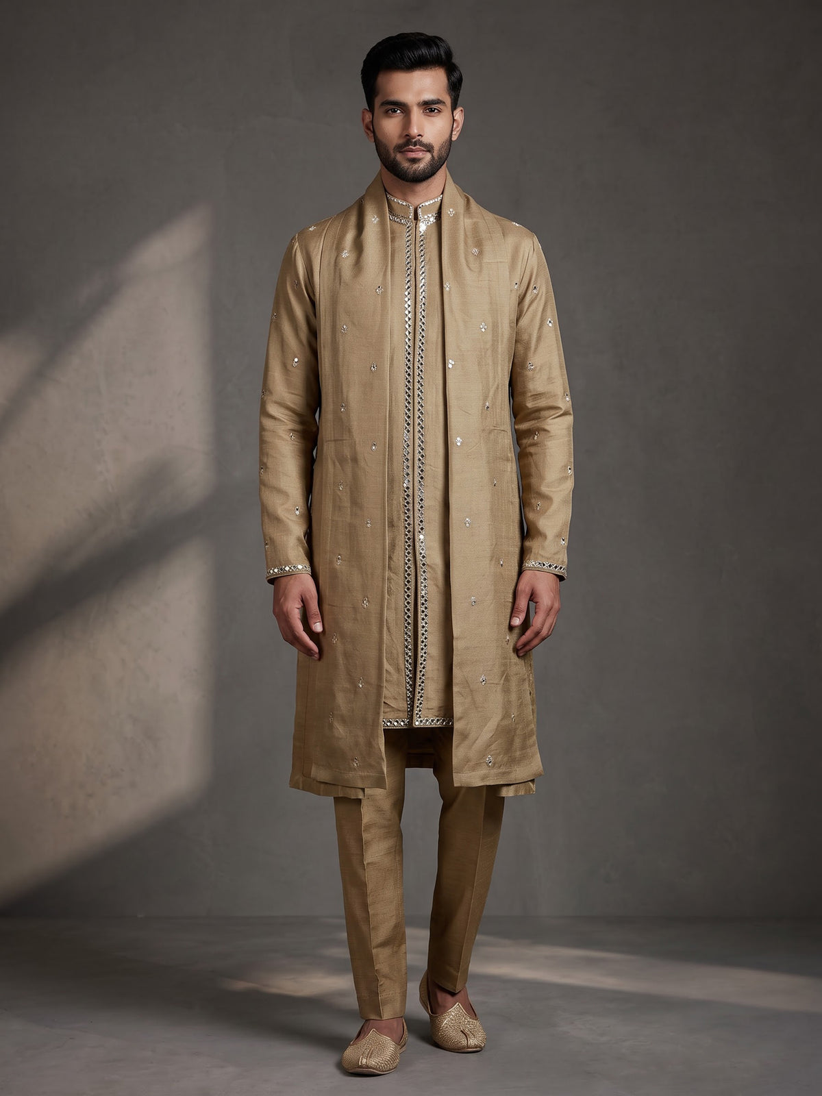 Pastel beige tusser silk mens kurta suit with mirrorwork embellished stole