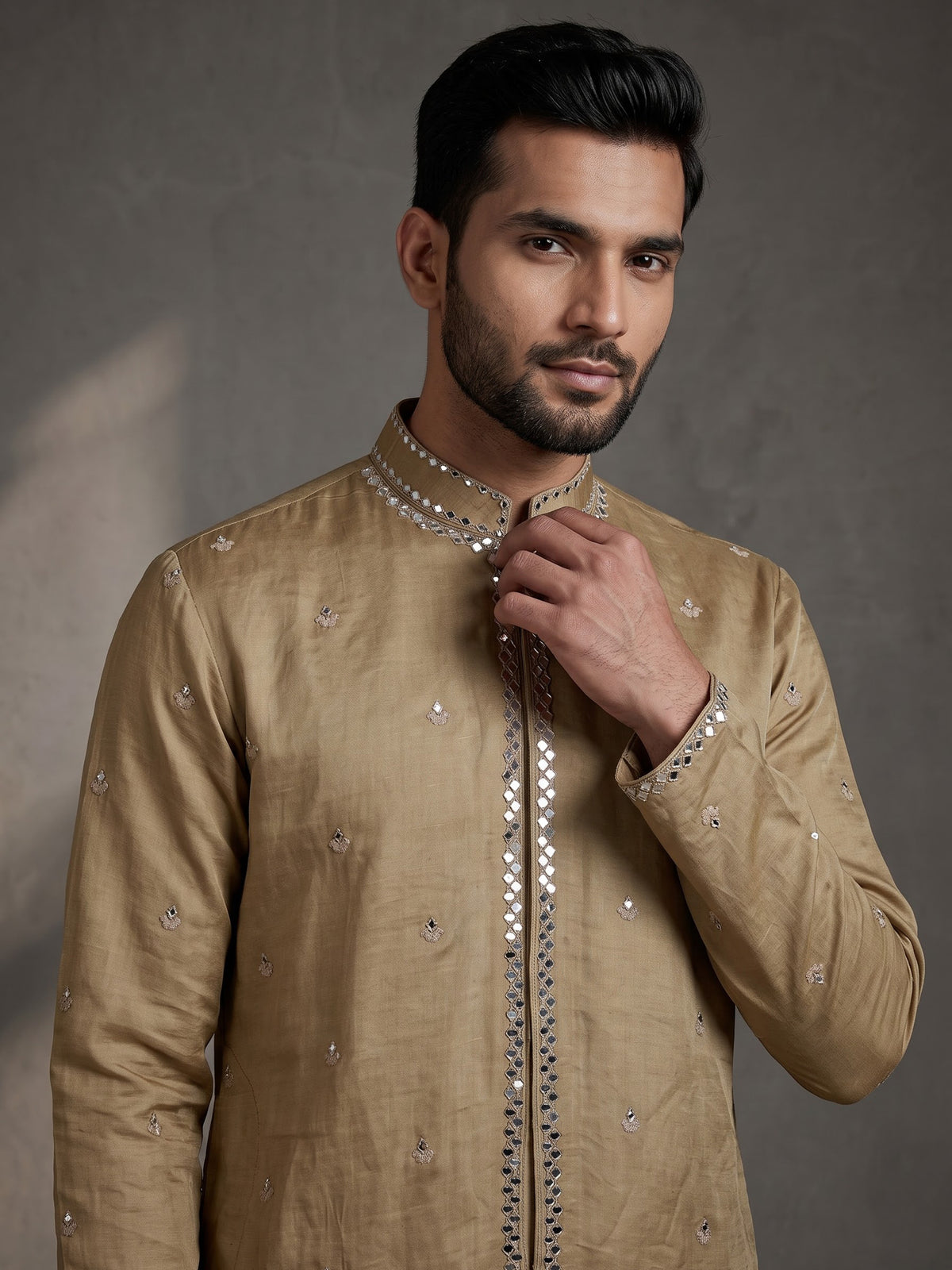Pastel beige tusser silk mens kurta suit with mirrorwork embellished stole